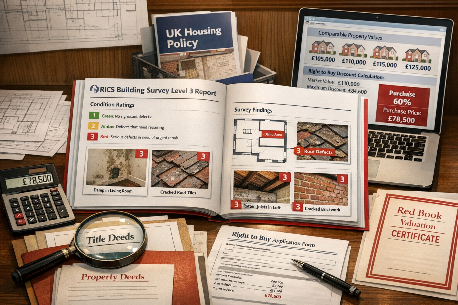 Detailed landscape format (1536x1024) image showing property valuation and survey report documentation for Right to Buy council home. Desk s