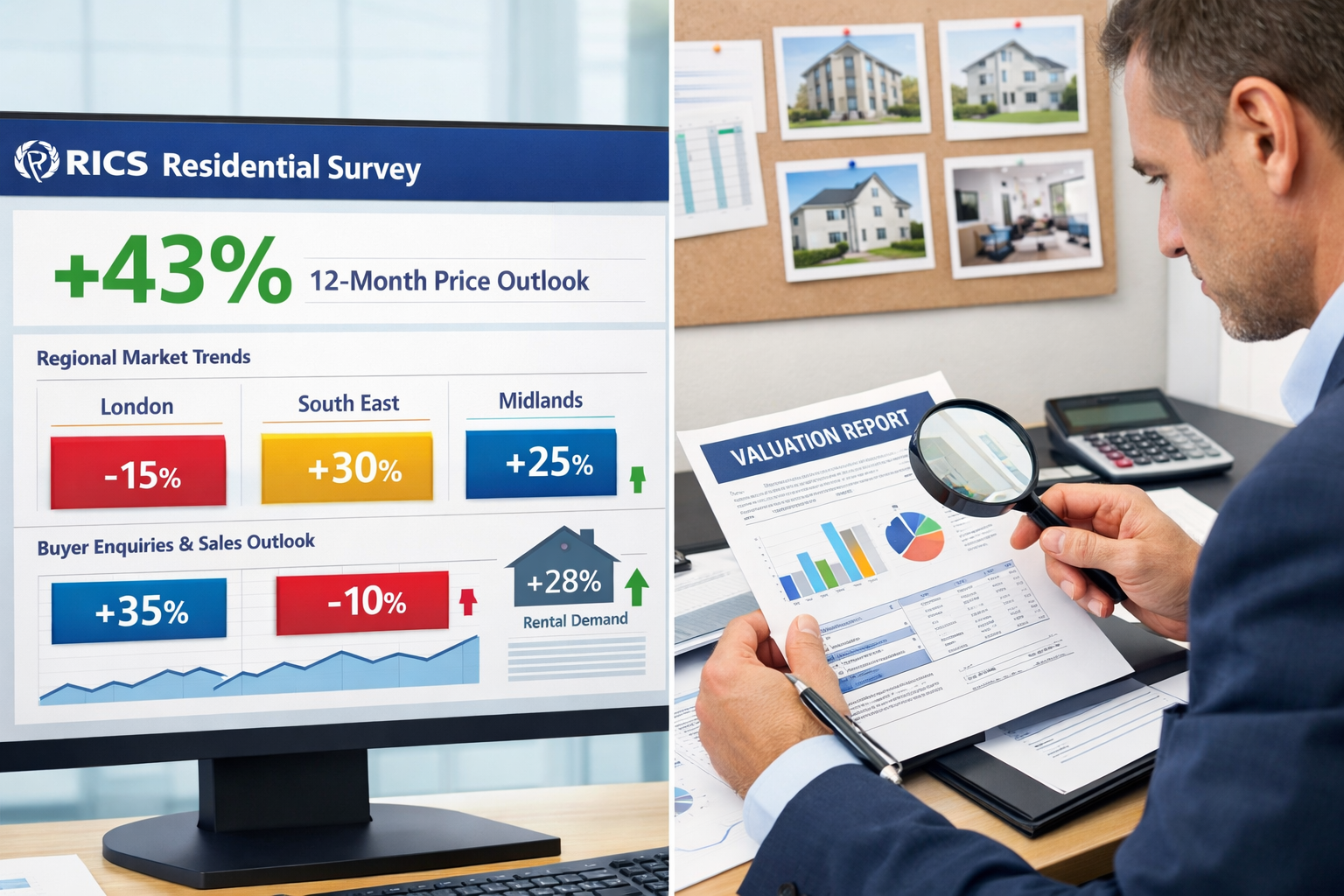 Detailed () image showing split-screen composition: left side displays official RICS residential survey dashboard on large