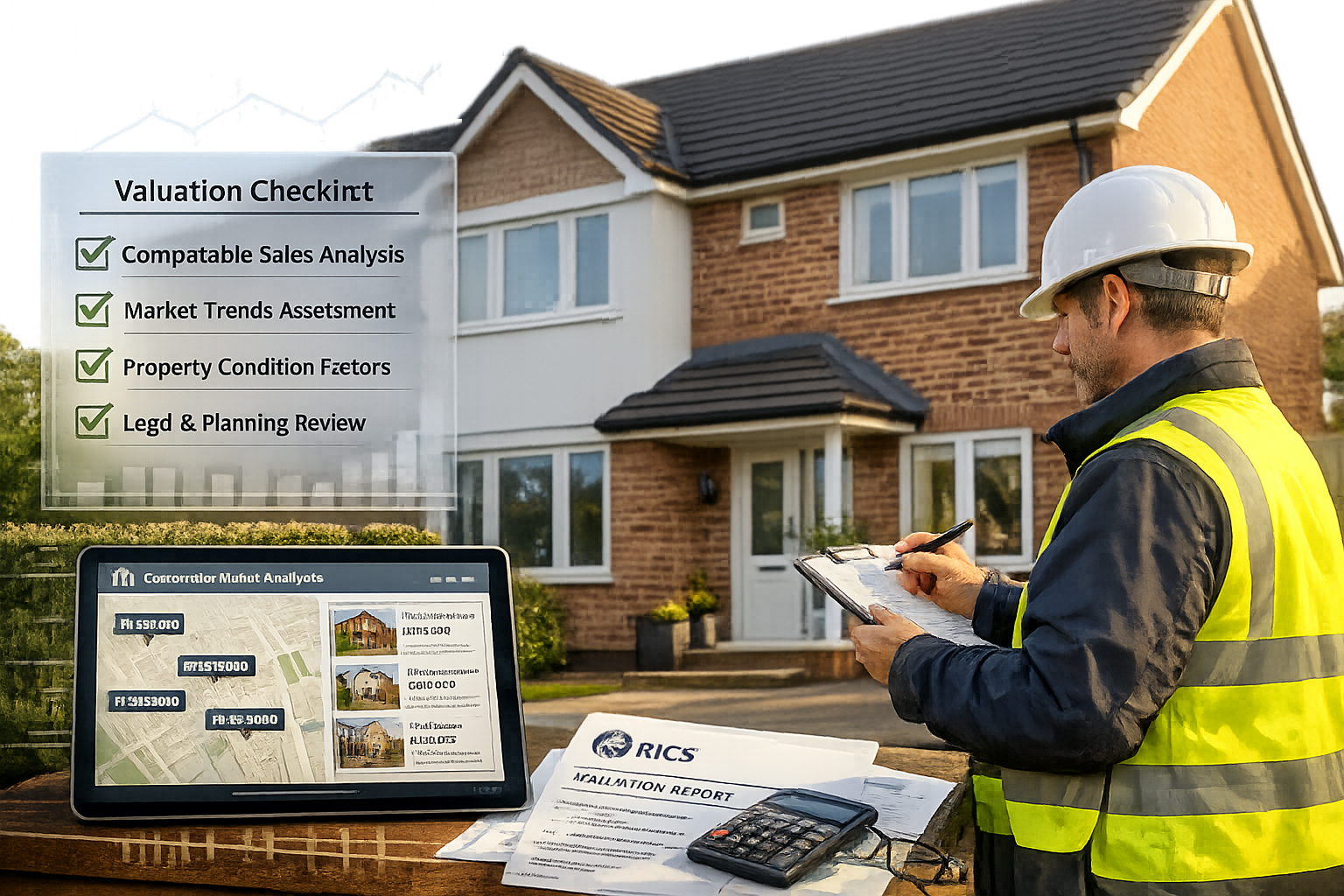 () detailed illustration of RICS Red Book valuation methodology in action, showing surveyor conducting on-site residential