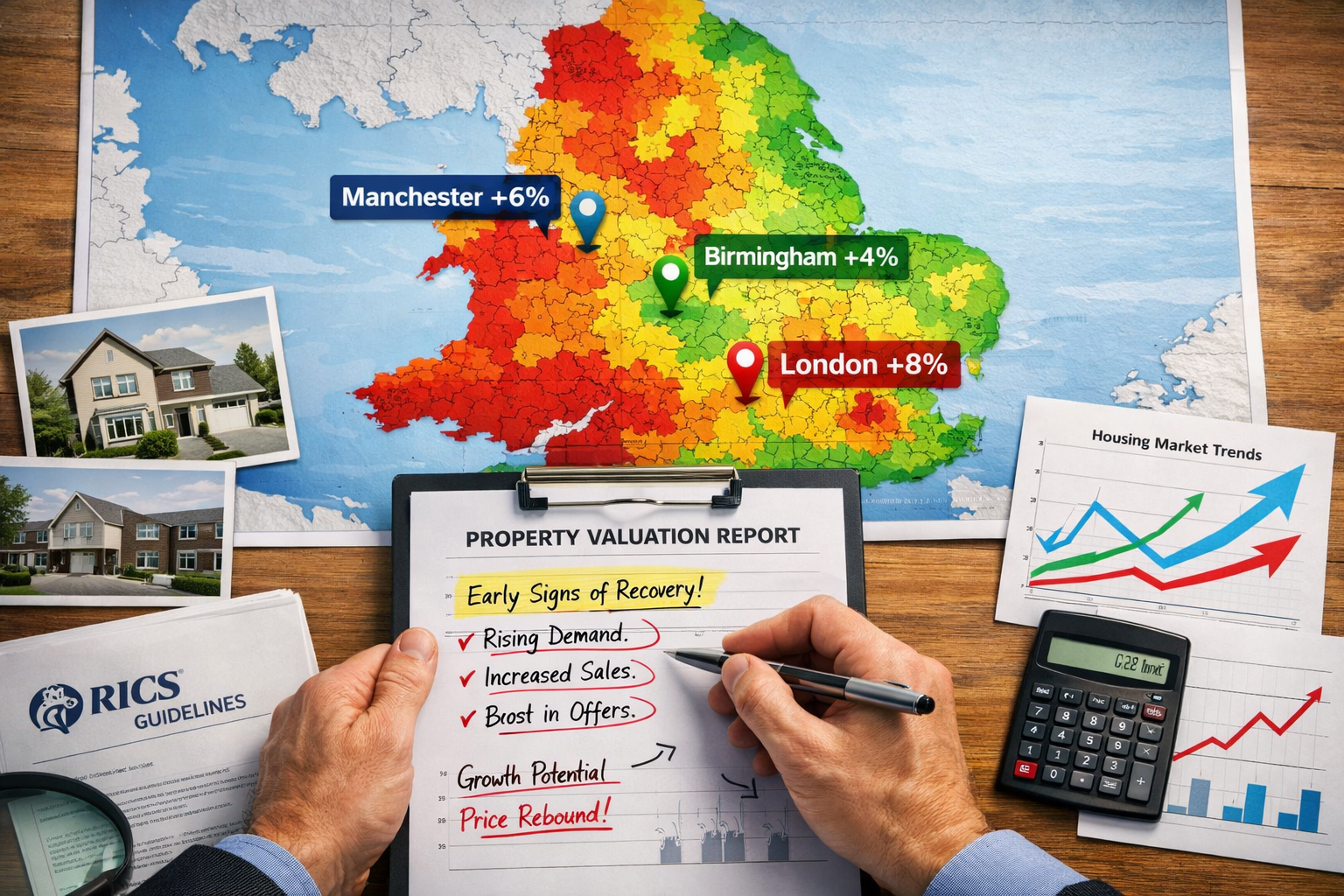 Wide () image depicting regional UK map with color-coded heat zones showing house price recovery patterns across different