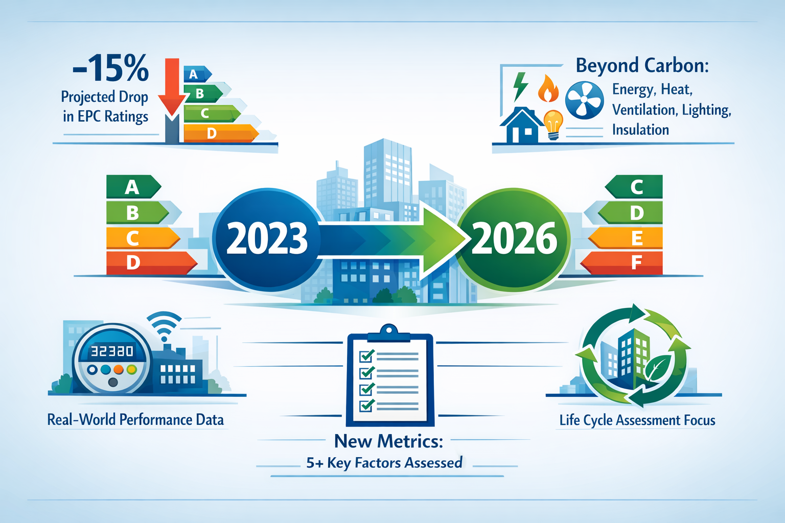 Infographic-style visual with 4-5 key data points about Energy Performance Certificate methodology shift, featuring