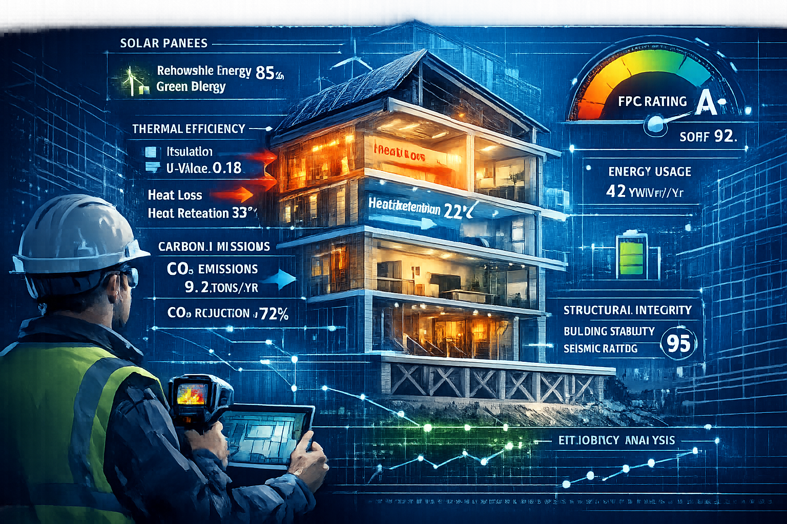 Technical illustration depicting building cross-section with transparent energy performance layers, revealing multiple