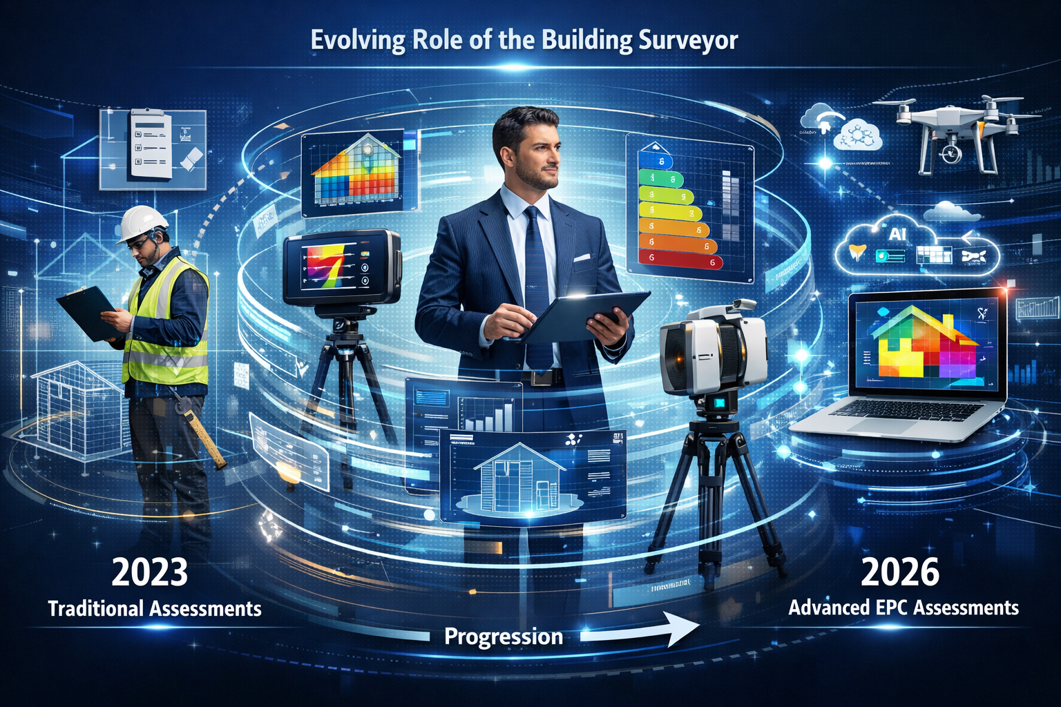 Dynamic infographic representing building surveyors' evolving role in multi-metric EPC assessments, featuring a professional