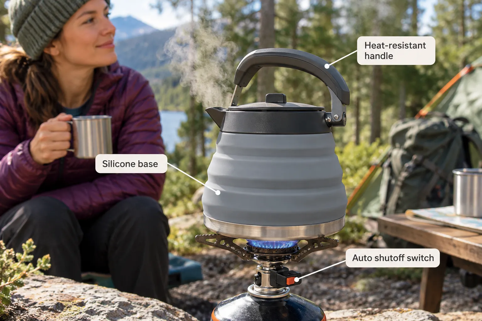 Travel Kettles Fixed or Collapsible For Camping Annotated documentary photo of a collapsible silicone kettle boiling water on a small gas camping stove outdoors, with 3 short callout labels pointing to the silicone base, the heat-resistant handle, and the auto shutoff switch, bright natural daylight, shallow depth of field, realistic campsite setting with trees in background. Can I Use a Regular Electric Kettle While Camping