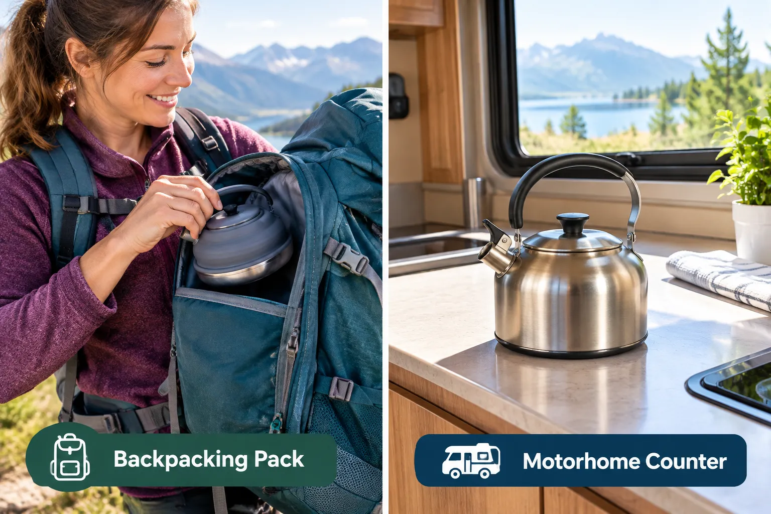 Travel Kettles Fixed or Collapsible For Camping Split-screen editorial photo comparing backpacking gear: left side shows a lightweight collapsible kettle packed inside a backpack pocket labeled 'Backpacking Pack', right side shows a compact fixed metal kettle sitting on a motorhome kitchenette counter labeled 'Motorhome Counter', bright daylight, magazine-style composition, no price text. Best Travel Kettle for Backpacking Trips