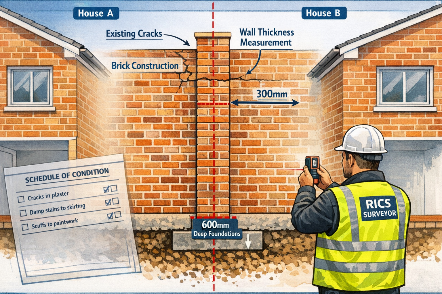 Detailed () image showing close-up cross-section diagram of typical UK suburban party wall with labeled components: brick