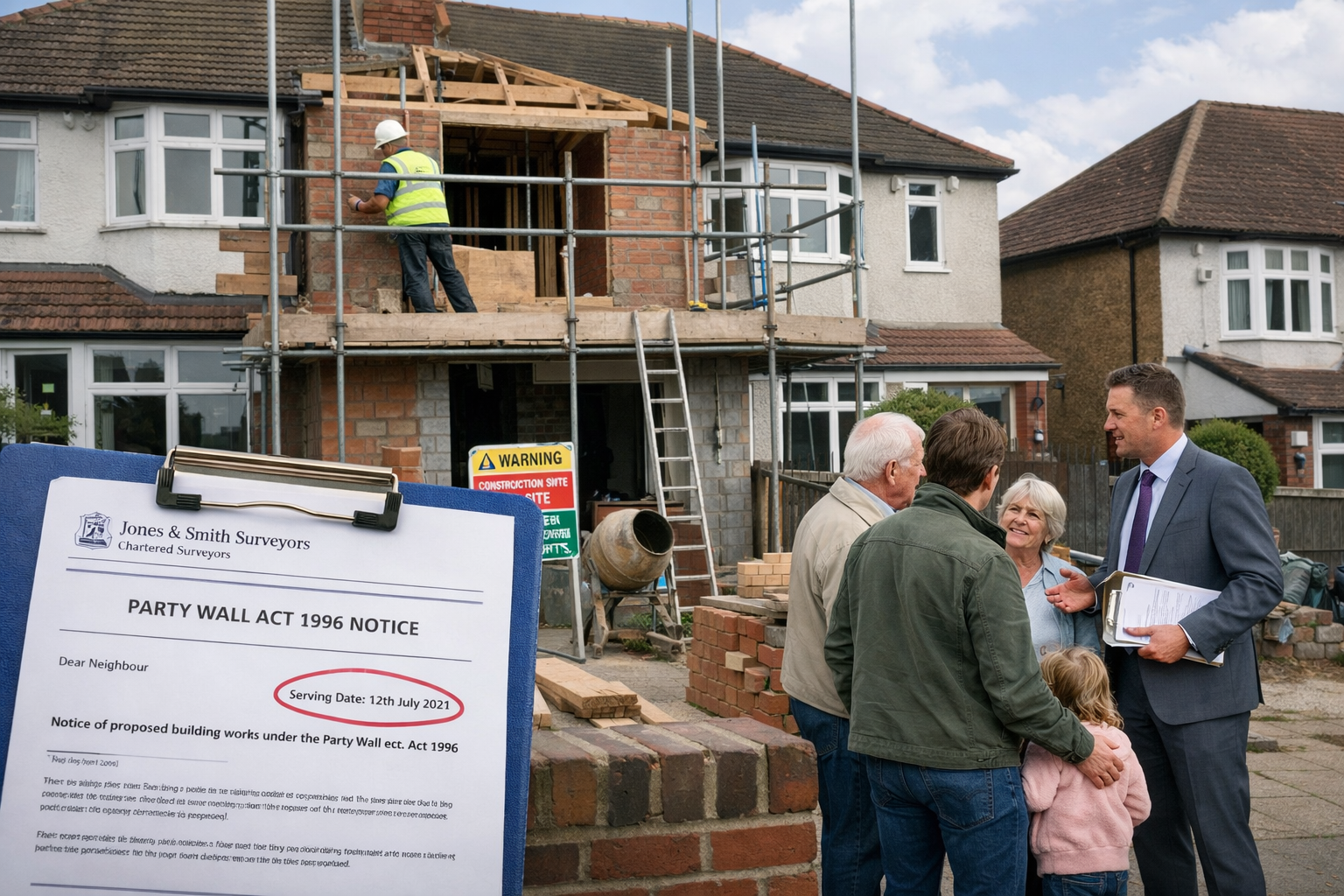 Wide-angle () photograph of suburban UK street scene showing row of 1930s semi-detached houses with visible rear extensions
