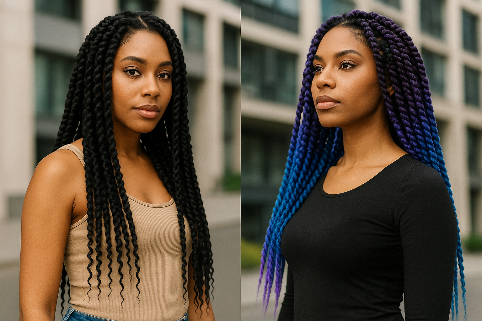 Lifestyle landscape image (1536x1024) showing woman with completed passion twist hairstyle in various lengths and colors, split-screen compo
