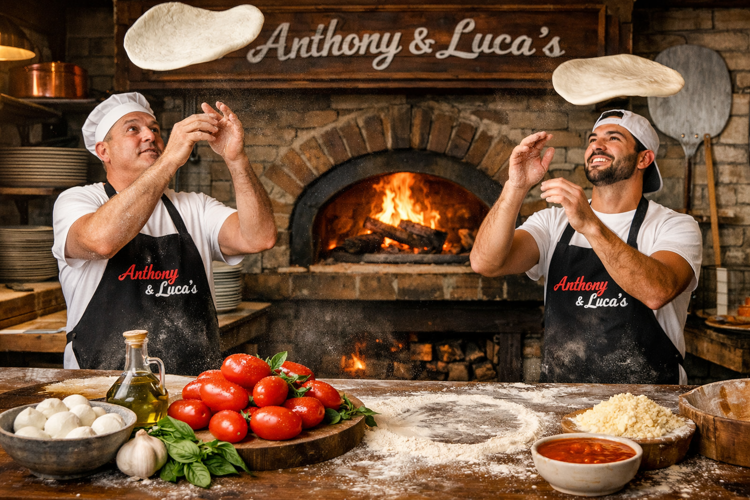 Professional landscape format (1536x1024) showcasing the pizza making process at Anthony & Luca's with skilled pizza makers tossing dough, w
