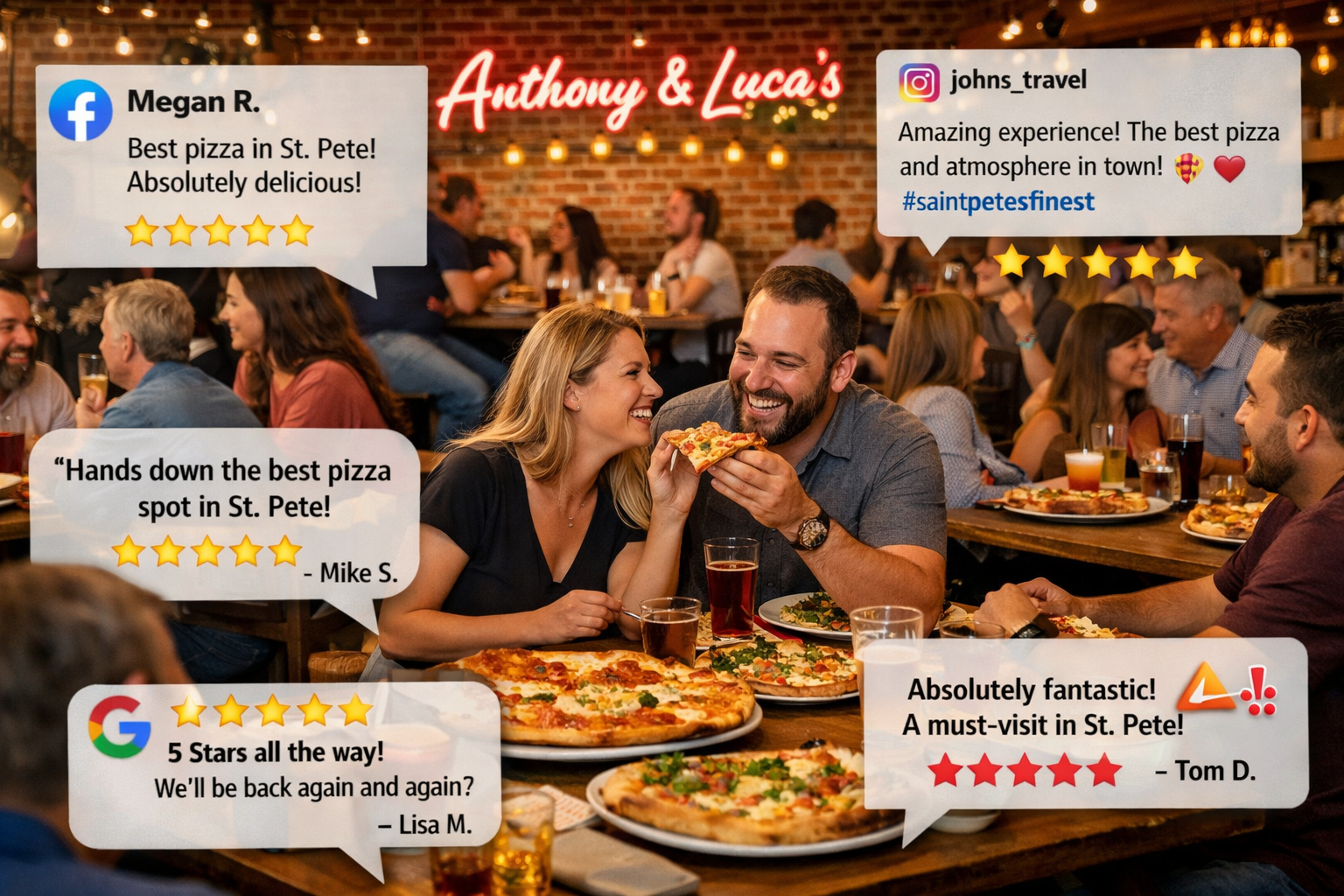 Landscape image (1536x1024) displaying customer testimonials and reviews overlaid on background of satisfied diners enjoying pizza at Anthon