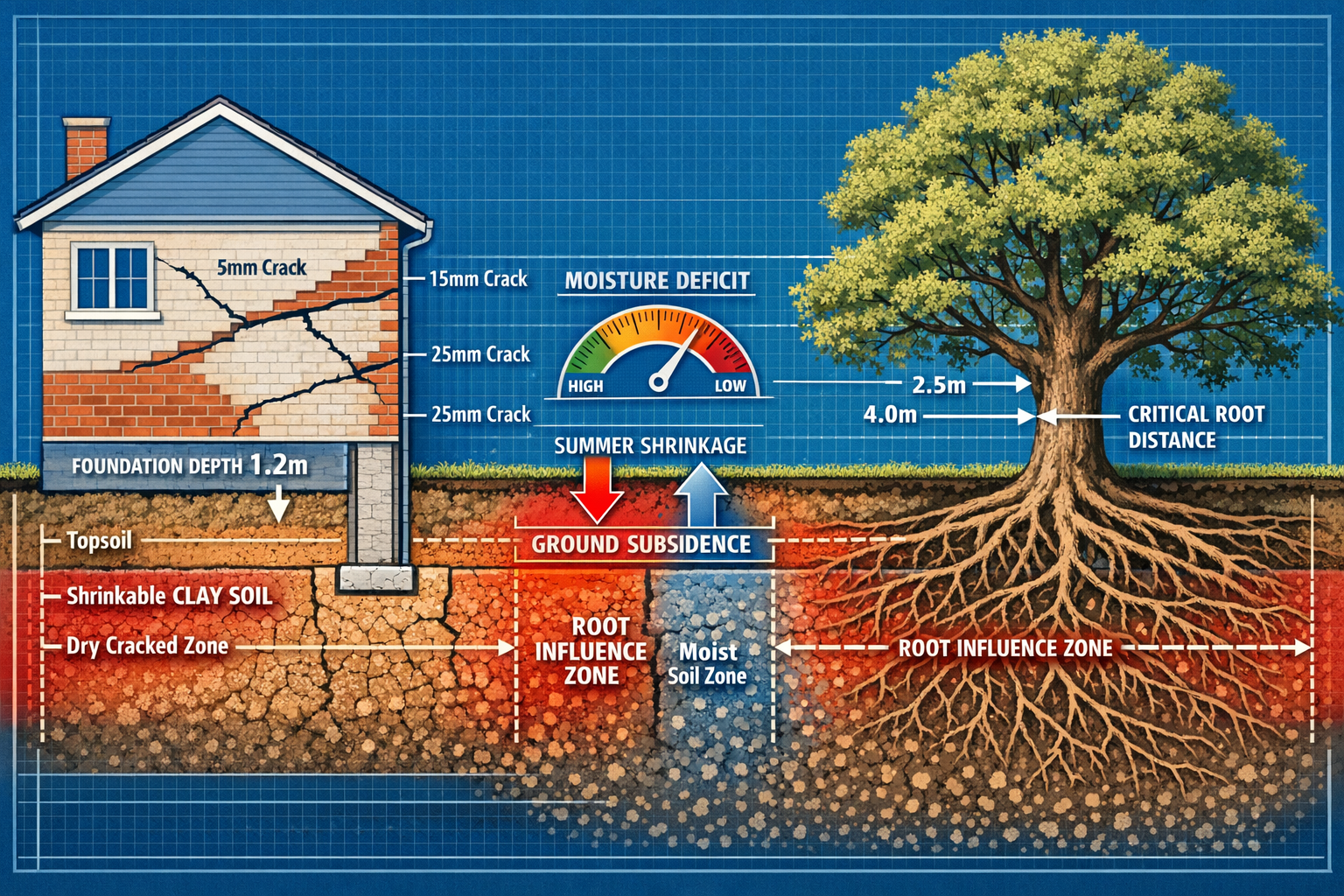 Detailed () technical illustration showing cross-sectional cutaway view of residential property foundation on clay soil with