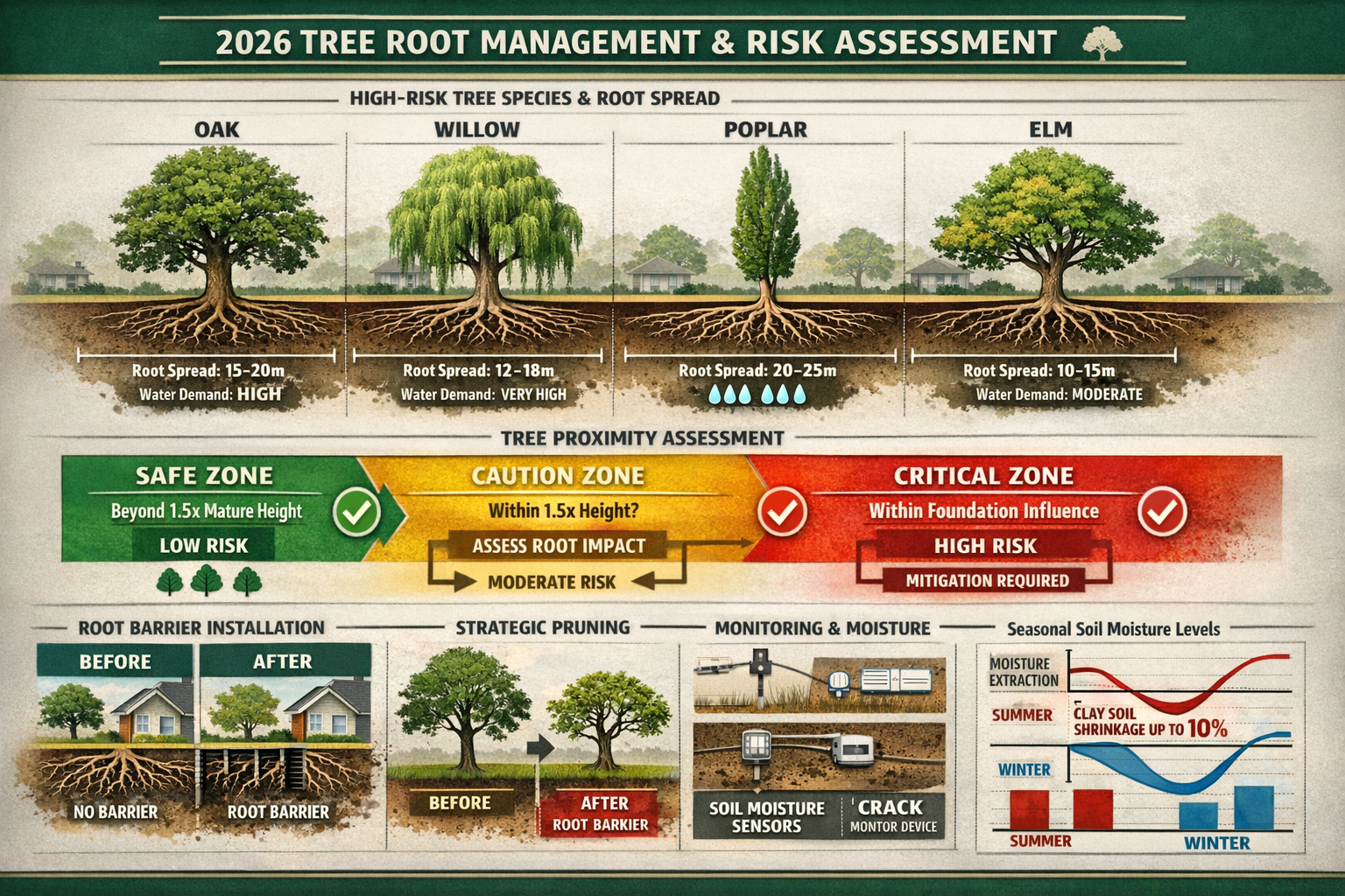 Comprehensive () detailed infographic displaying 2026 tree root management protocols and risk assessment matrix. Top section
