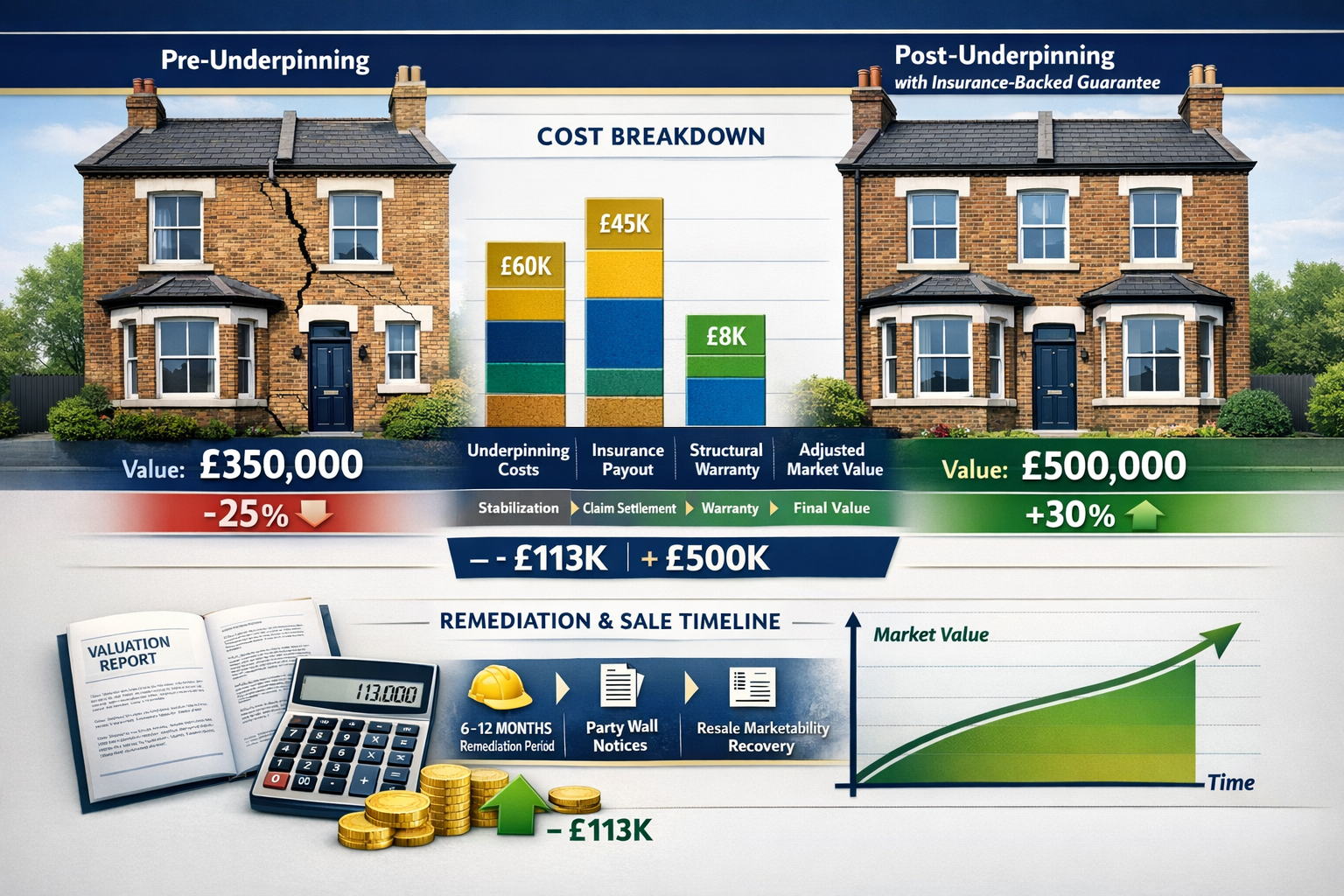 Professional () financial valuation comparison display showing property market adjustments for subsidence-affected homes.