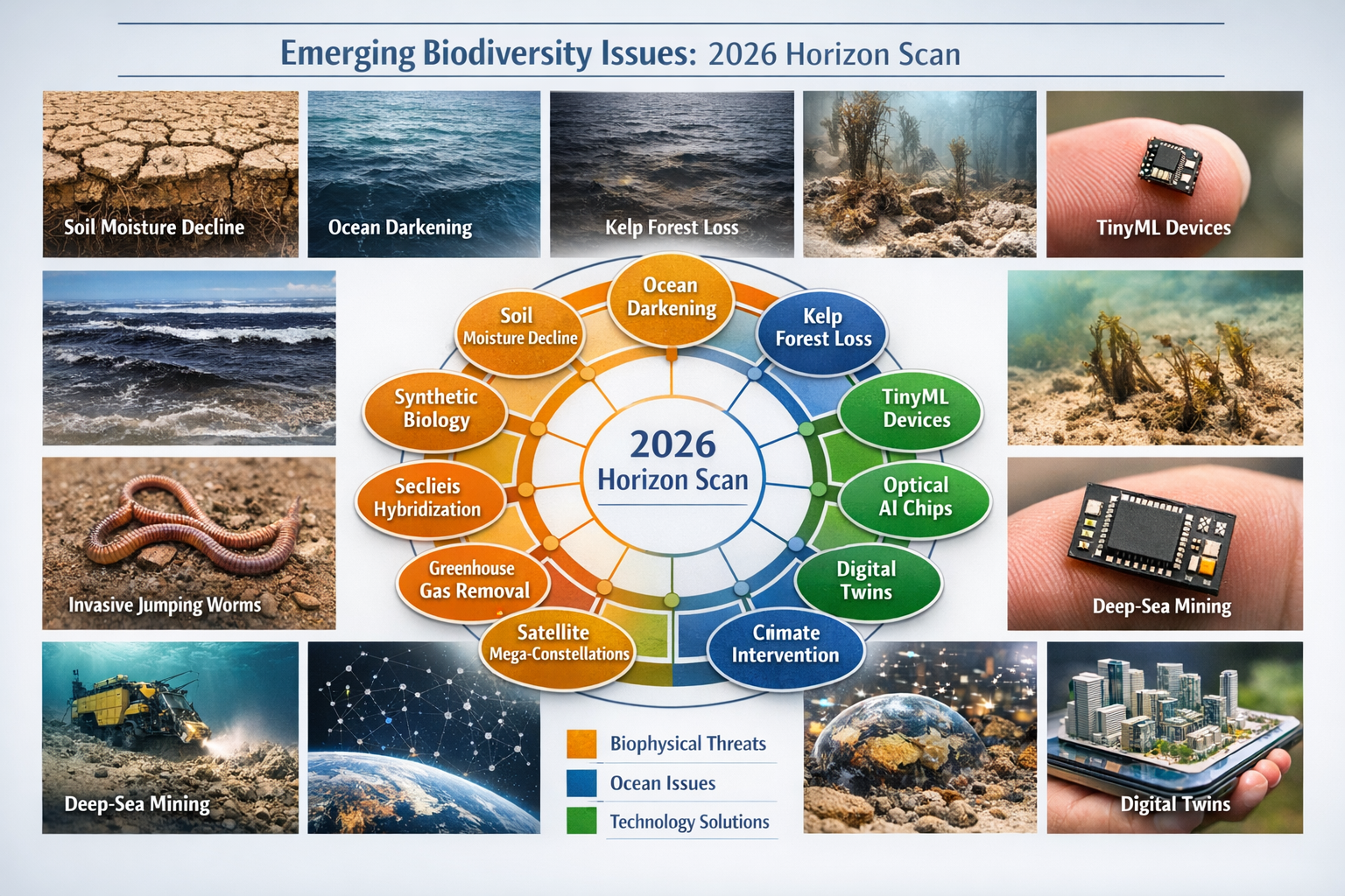 Detailed landscape format (1536x1024) editorial image showing comprehensive visual representation of the 15 emerging biodiversity issues fro