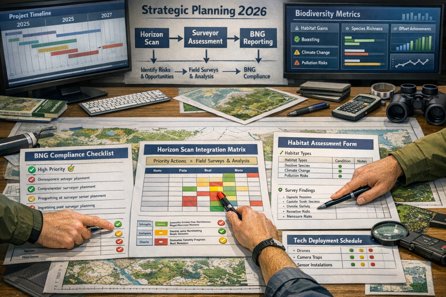 Detailed landscape format (1536x1024) strategic planning image showing comprehensive surveyor action plan framework for 2026. Central focus