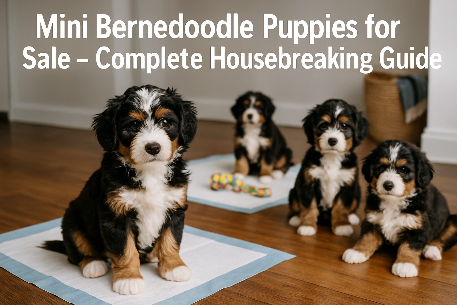 Professional landscape hero image (1536x1024) featuring adorable mini bernedoodle puppies in a clean, modern home setting with bold text ove