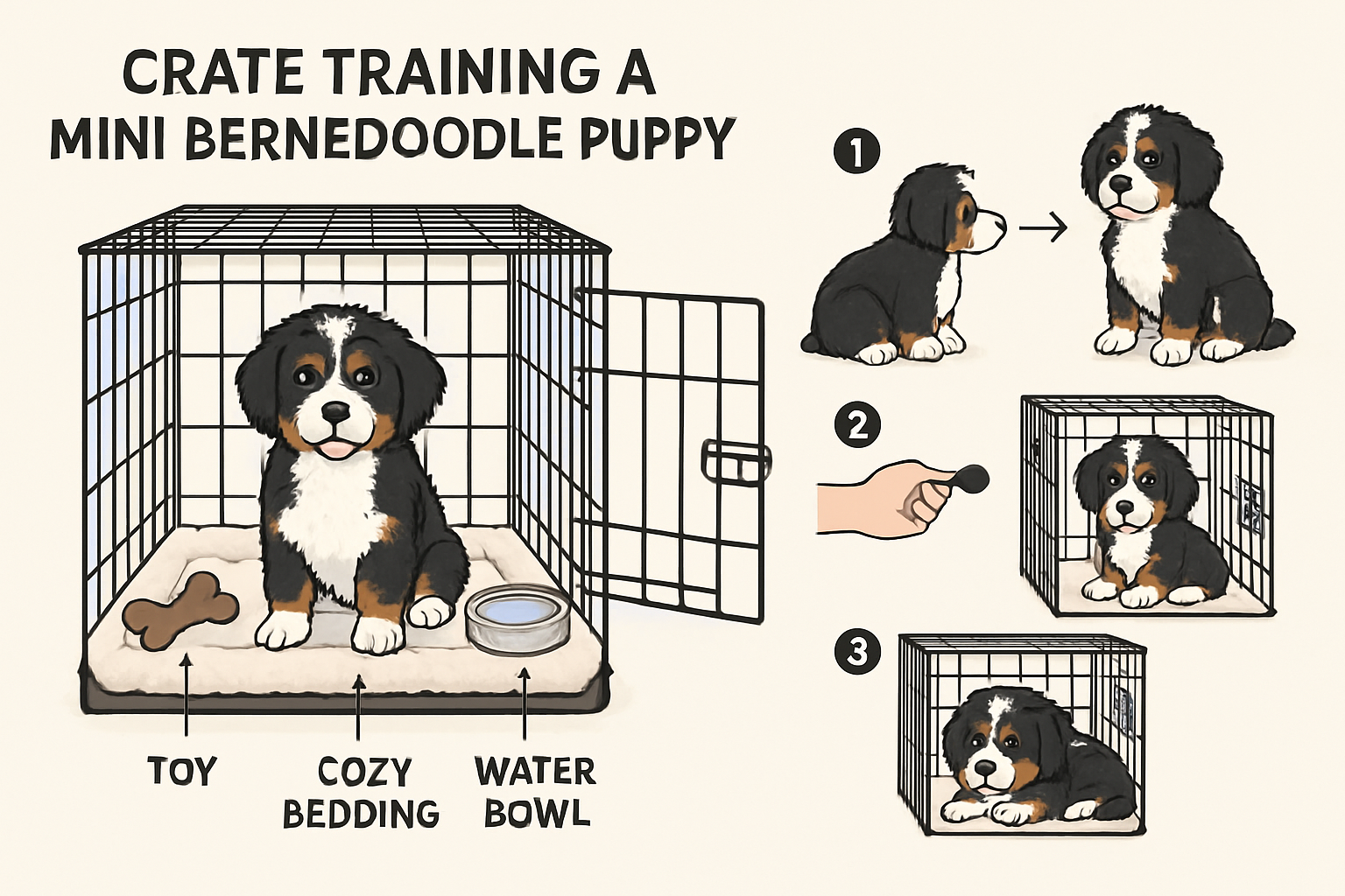 Comprehensive visual guide showing proper crate setup and training techniques for mini bernedoodle puppies, featuring cross-section view of