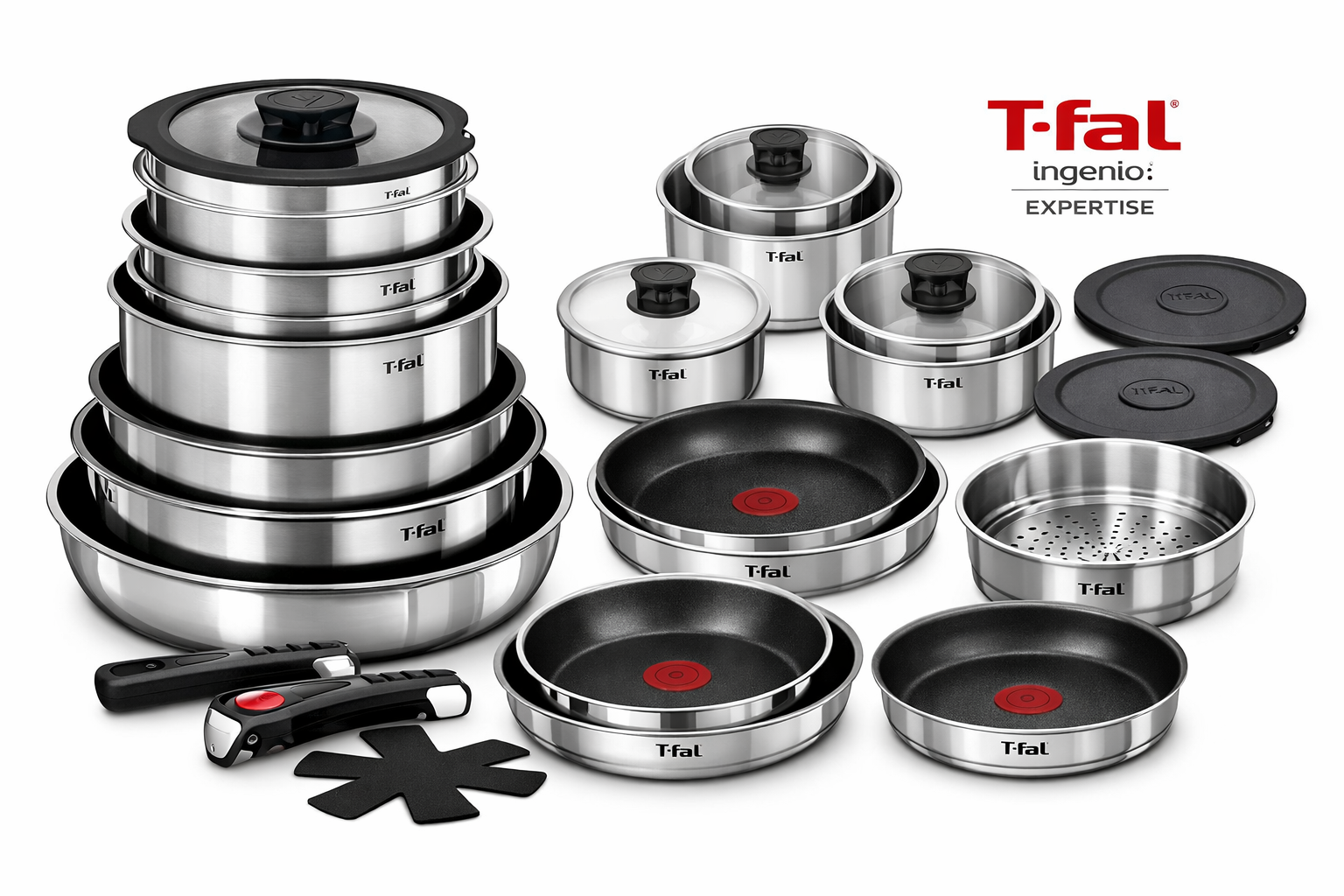 Detailed showcase of T-fal Ingenio Expertise Stainless Steel Cookware Set 14 Piece highlighting the full 14-piece arrangement with detachable handle system, stackable storage configuration, and T-fal branding visible on each piece 