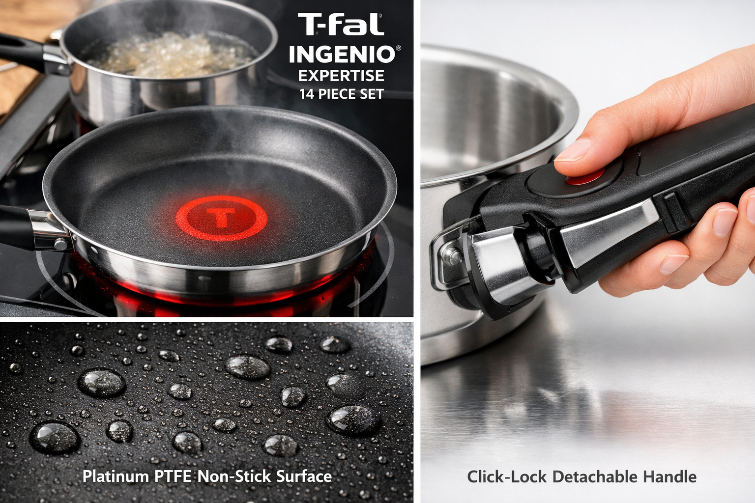 Detailed showcase of T-fal Ingenio Cookware Expertise Stainless Steel Set 14 Piece highlighting the Thermo-Spot heat indicator in action on stovetop, Platinum PTFE non-stick surface close-up, and the click-lock detachable handle mechanism 