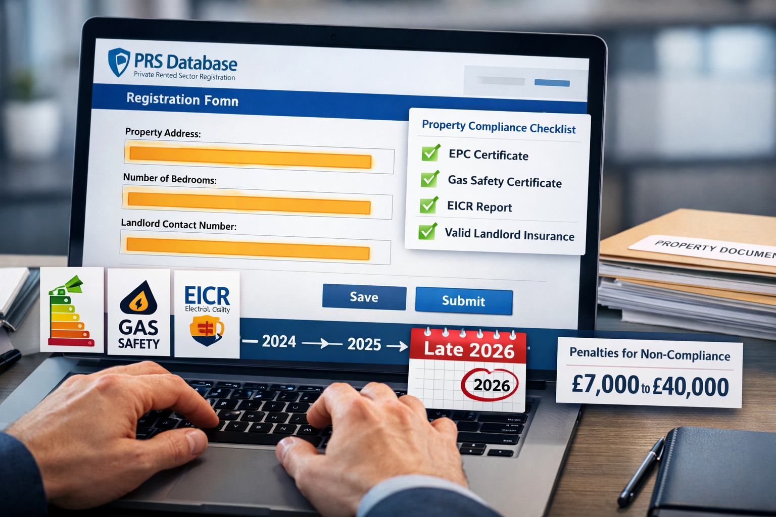 Detailed () image showing close-up of PRS Database registration interface on laptop screen with property compliance