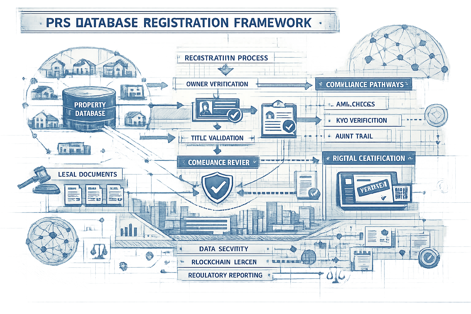 A detailed architectural blueprint-style infographic illustrating the PRS Database Registration Framework, featuring