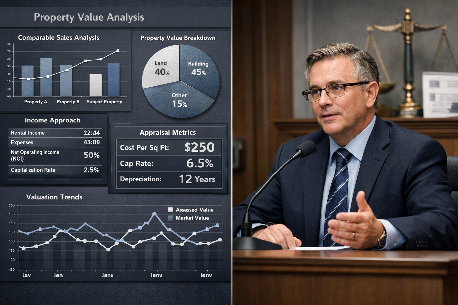 Split-screen professional courtroom visualization depicting expert witness presenting complex property valuation data, left