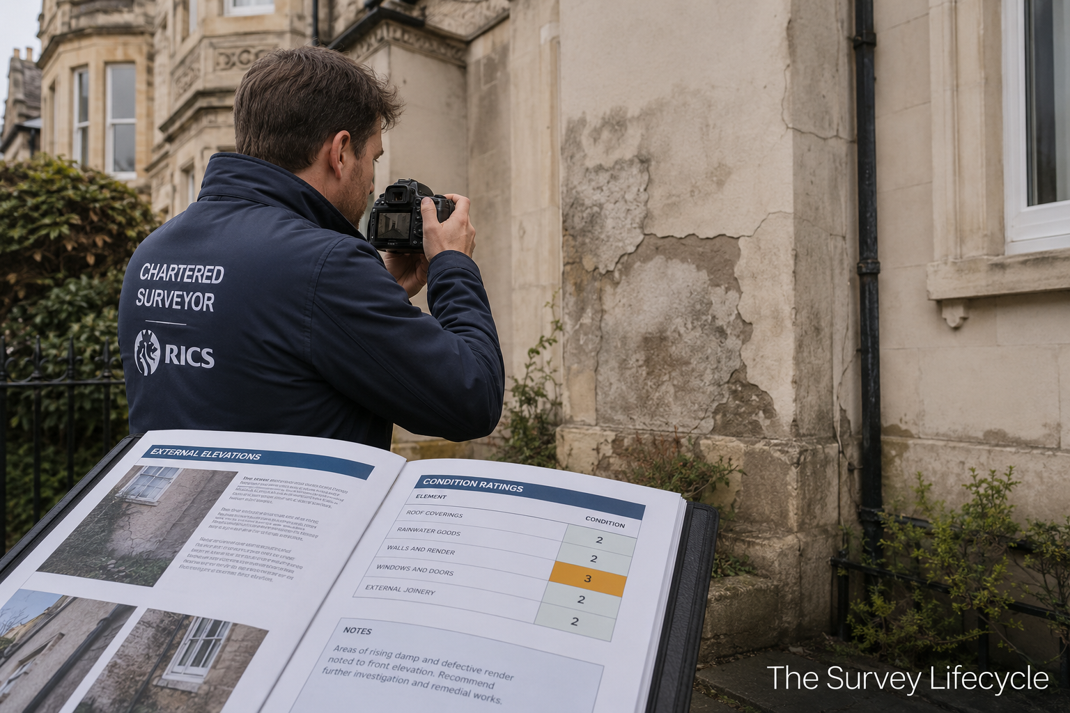 Detailed () showing a chartered surveyor at a Victorian property conducting a Level 3 building survey, holding a