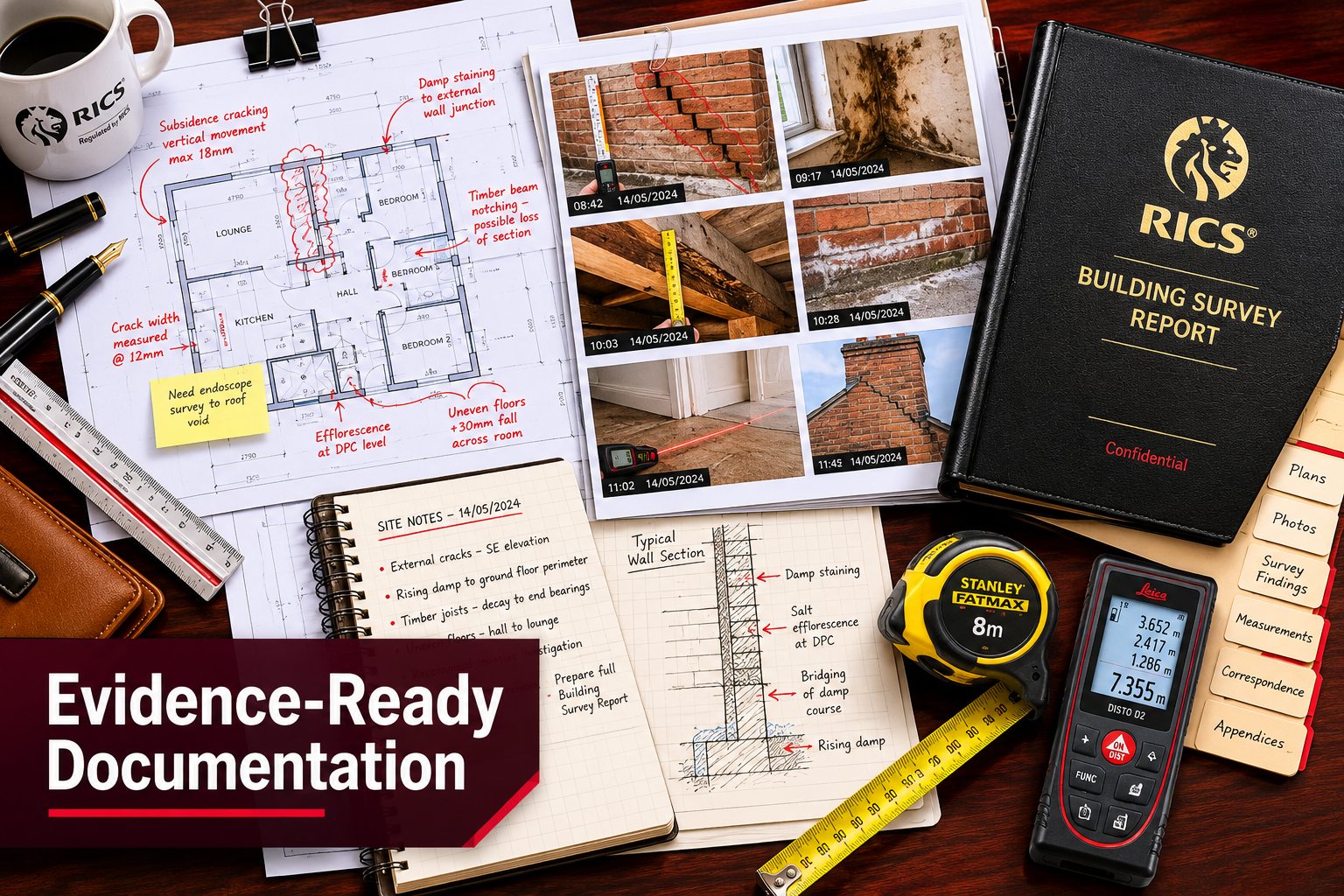 Detailed () showing a close-up flat-lay of a professional building survey evidence file spread on a mahogany desk: annotated