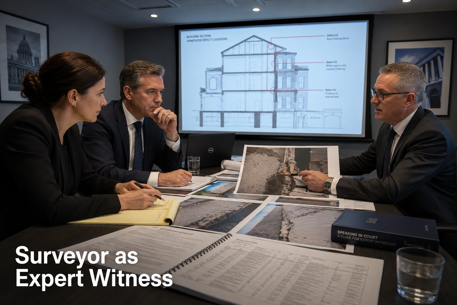 Detailed () depicting a formal legal dispute scene: two solicitors and a building surveyor expert witness seated at a