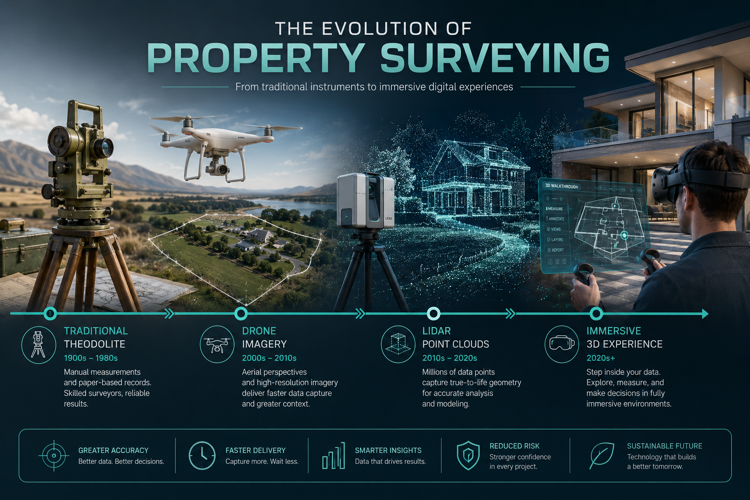 Wide () infographic-style illustration showing the evolution of property surveying technology: a horizontal timeline from