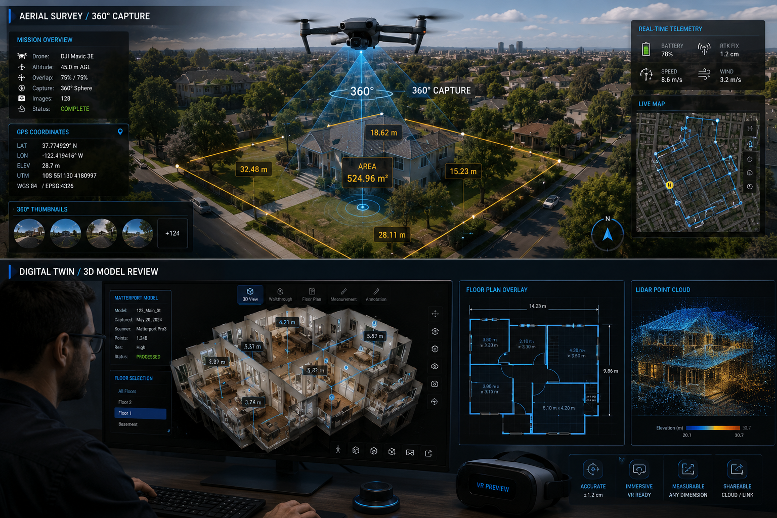 () split-screen technical diagram showing AR and VR tools in active land surveying use: top half displays a drone capturing