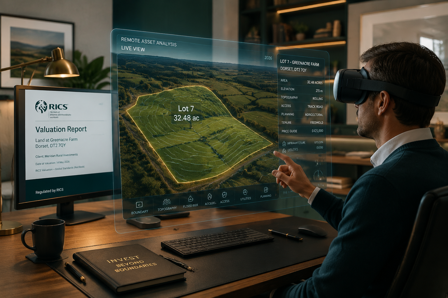 () concept scene showing remote property investment workflow in 2026: a professional in a modern home office wearing a VR