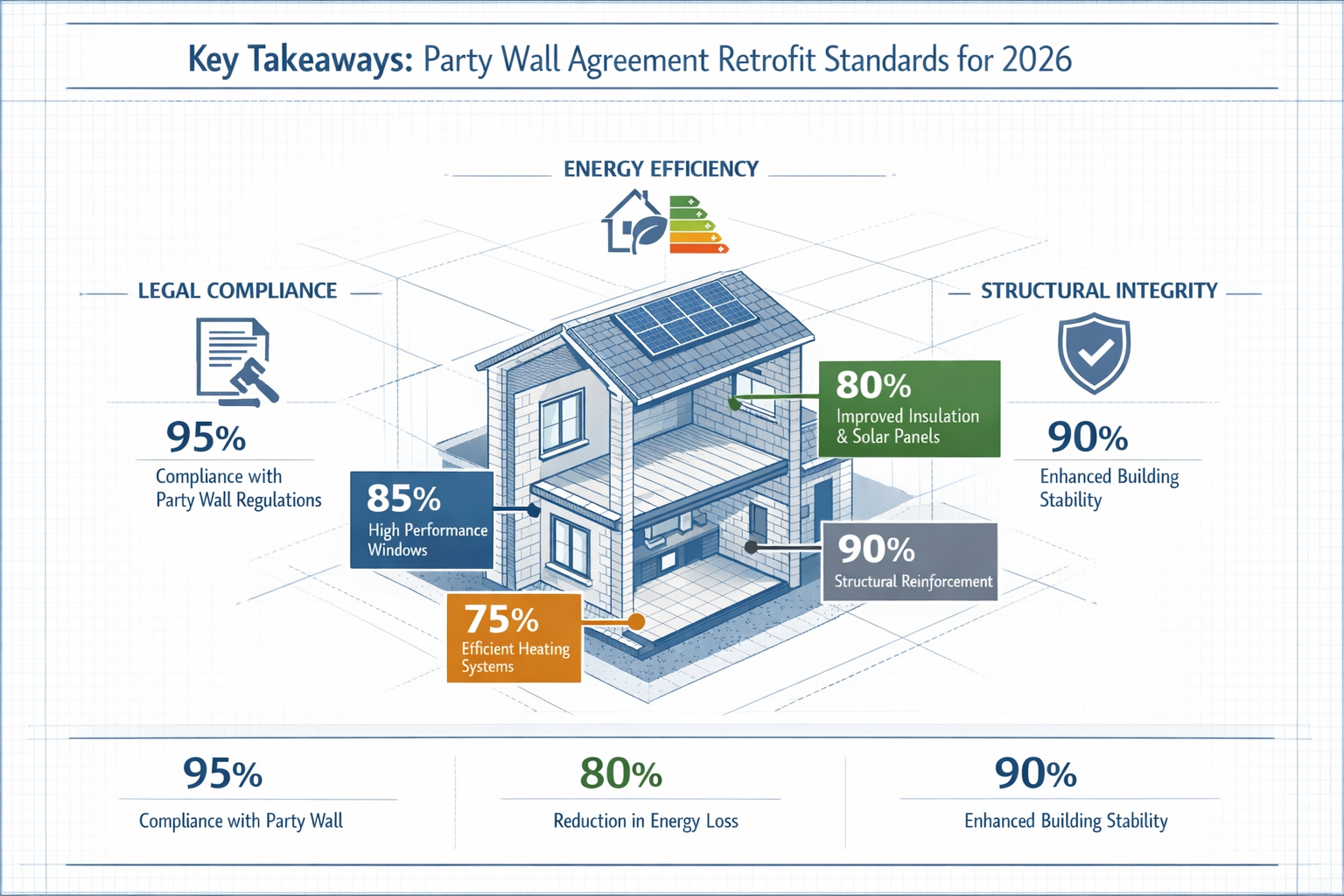 Key Takeaways section infographic visualizing Party Wall Agreement retrofit standards for 2026 RICS Summit. Central isometric diagram showin