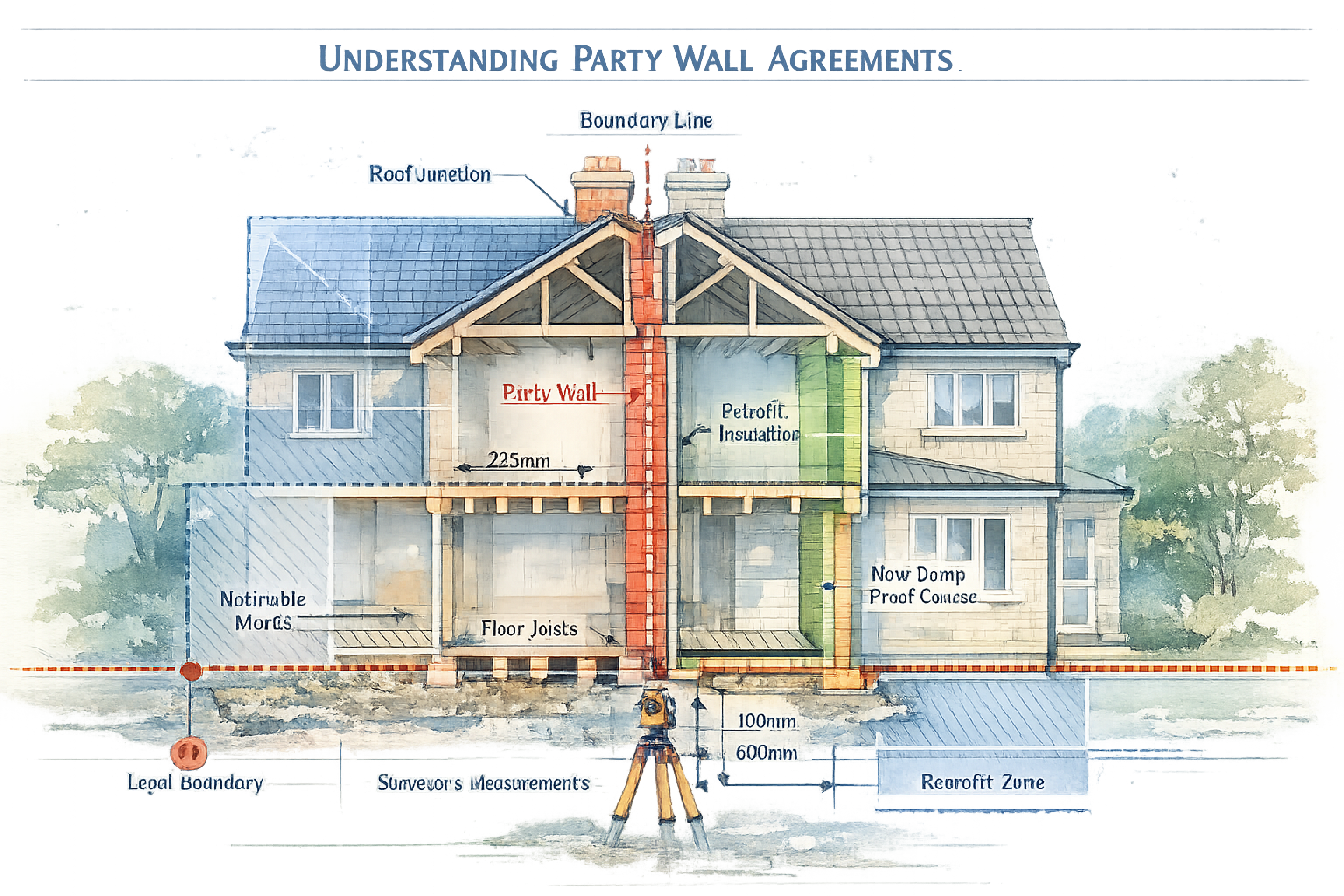 Understanding Party Wall Agreements section visual representation depicting semi-detached residential buildings with transparent cutaway vie