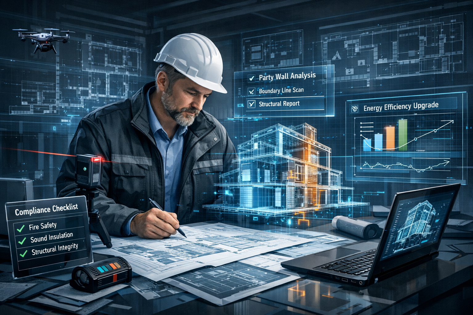 Critical Role of Party Wall Surveyors section dynamic illustration showing professional surveyor analyzing retrofit project blueprints, surr