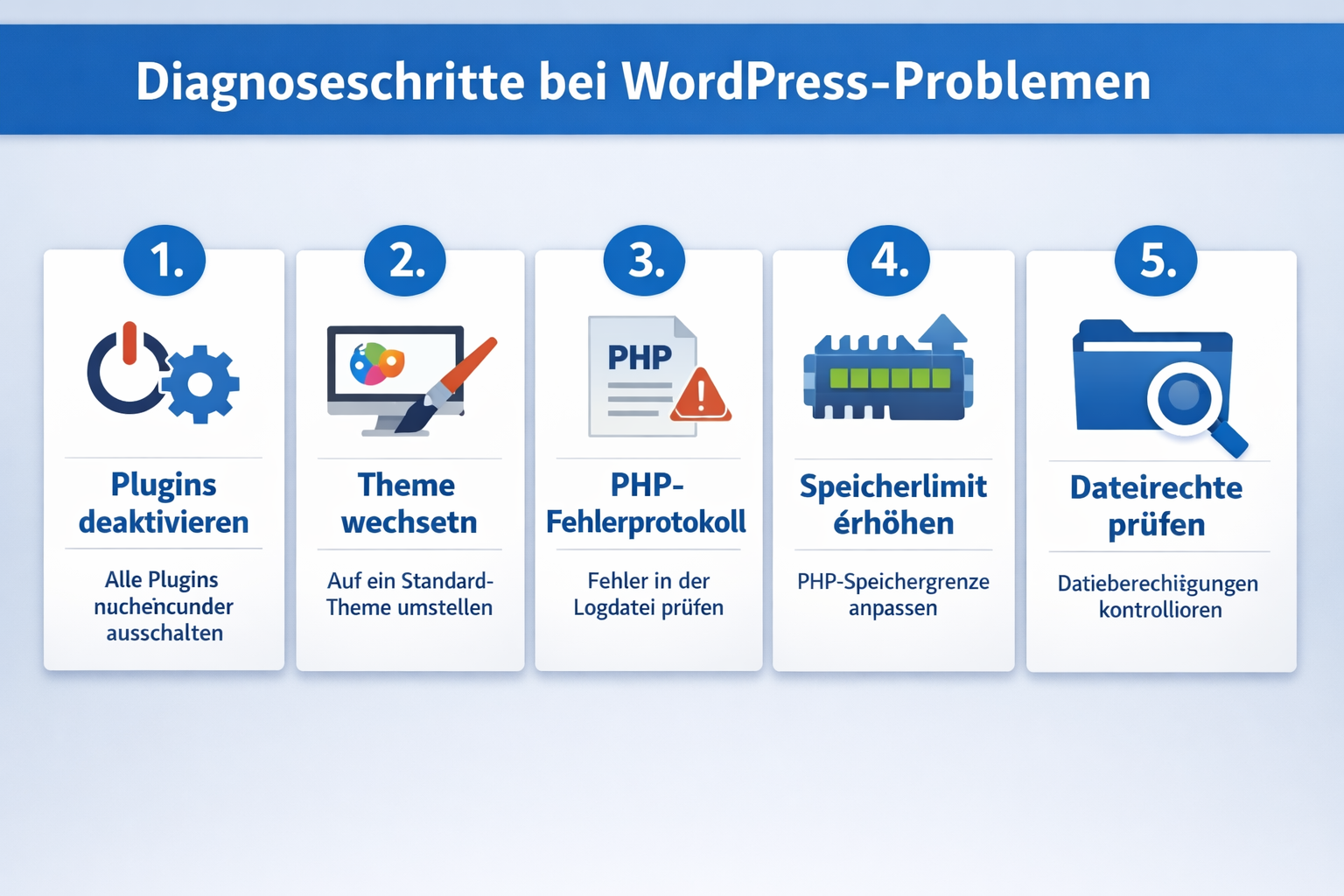 () detailed step-by-step visual checklist graphic showing five numbered diagnostic steps for WordPress errors: plugin
