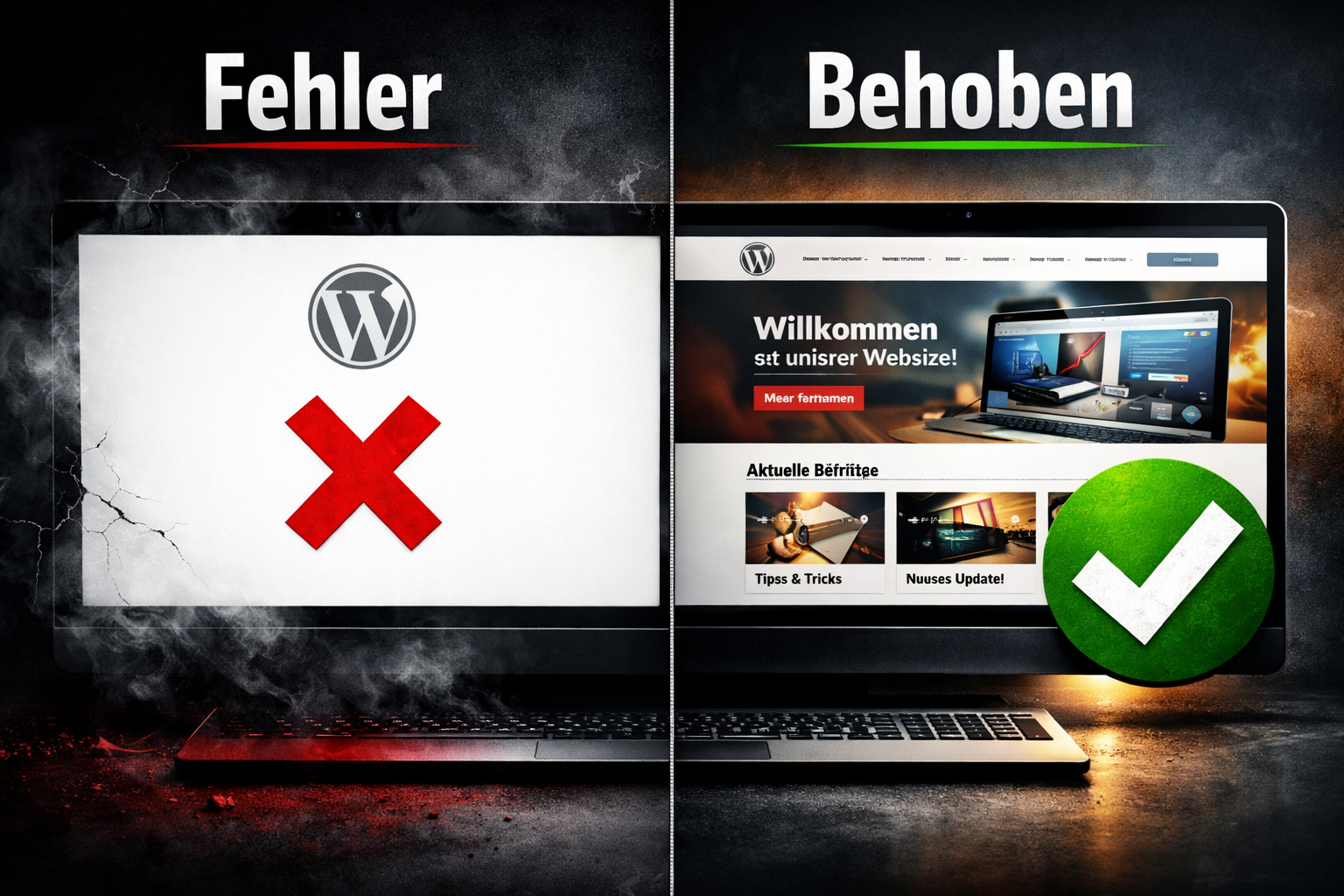 () split-screen comparison showing left side: WordPress site with white screen error and red X icon, right side: same site