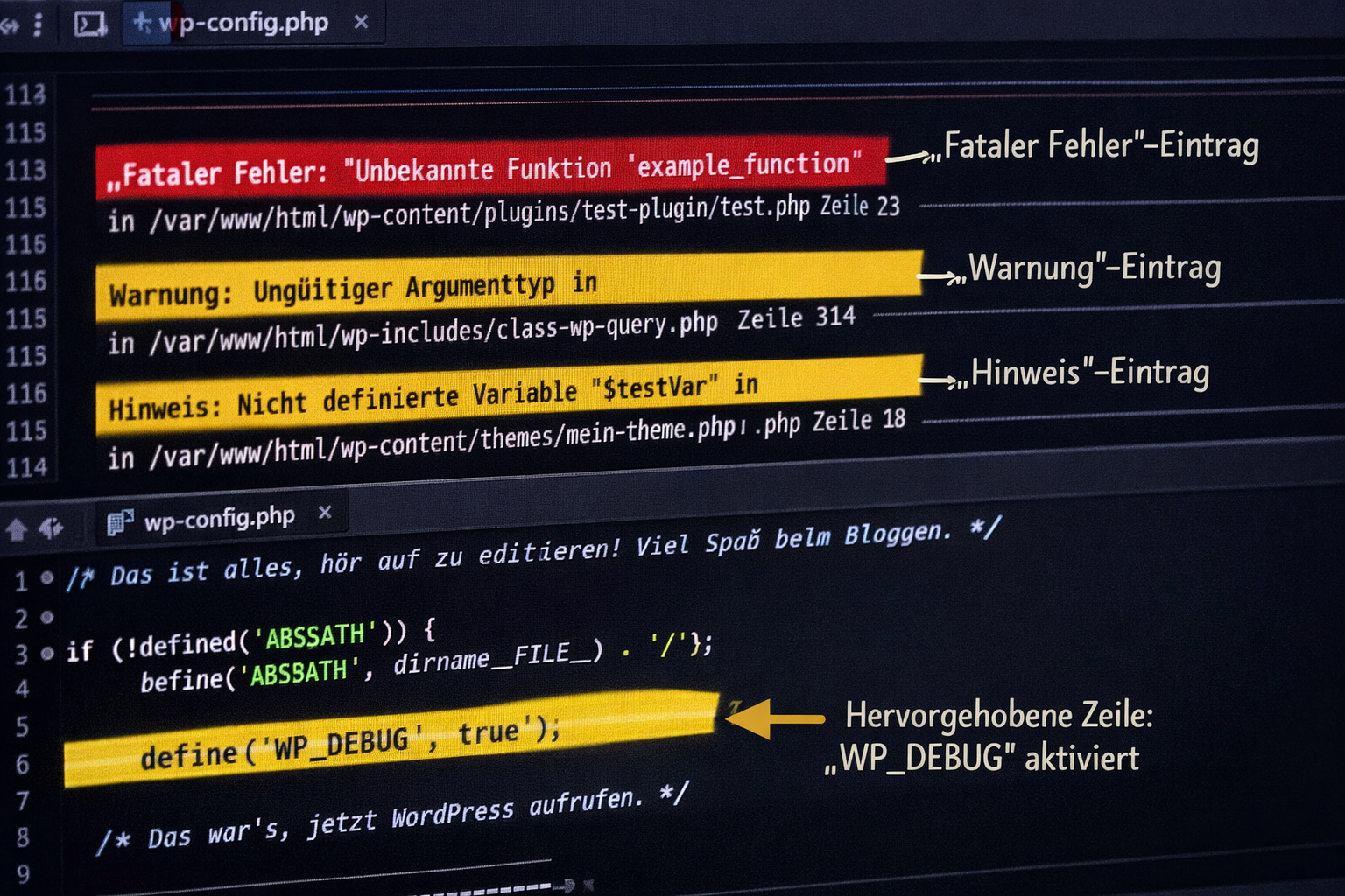 () close-up of a code editor screen showing PHP error log entries highlighted in red and yellow, wp-config.php file open