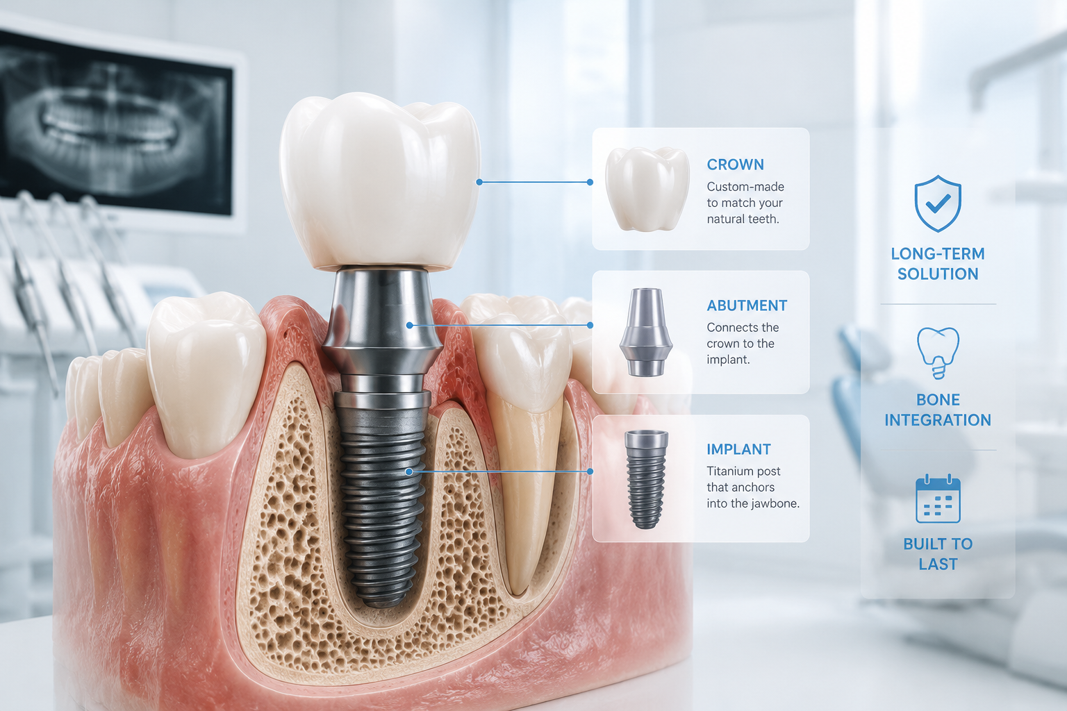 Detailed () image for the 'Understanding Dental Implants' section, featuring a clear, anatomically correct 3D rendering of a