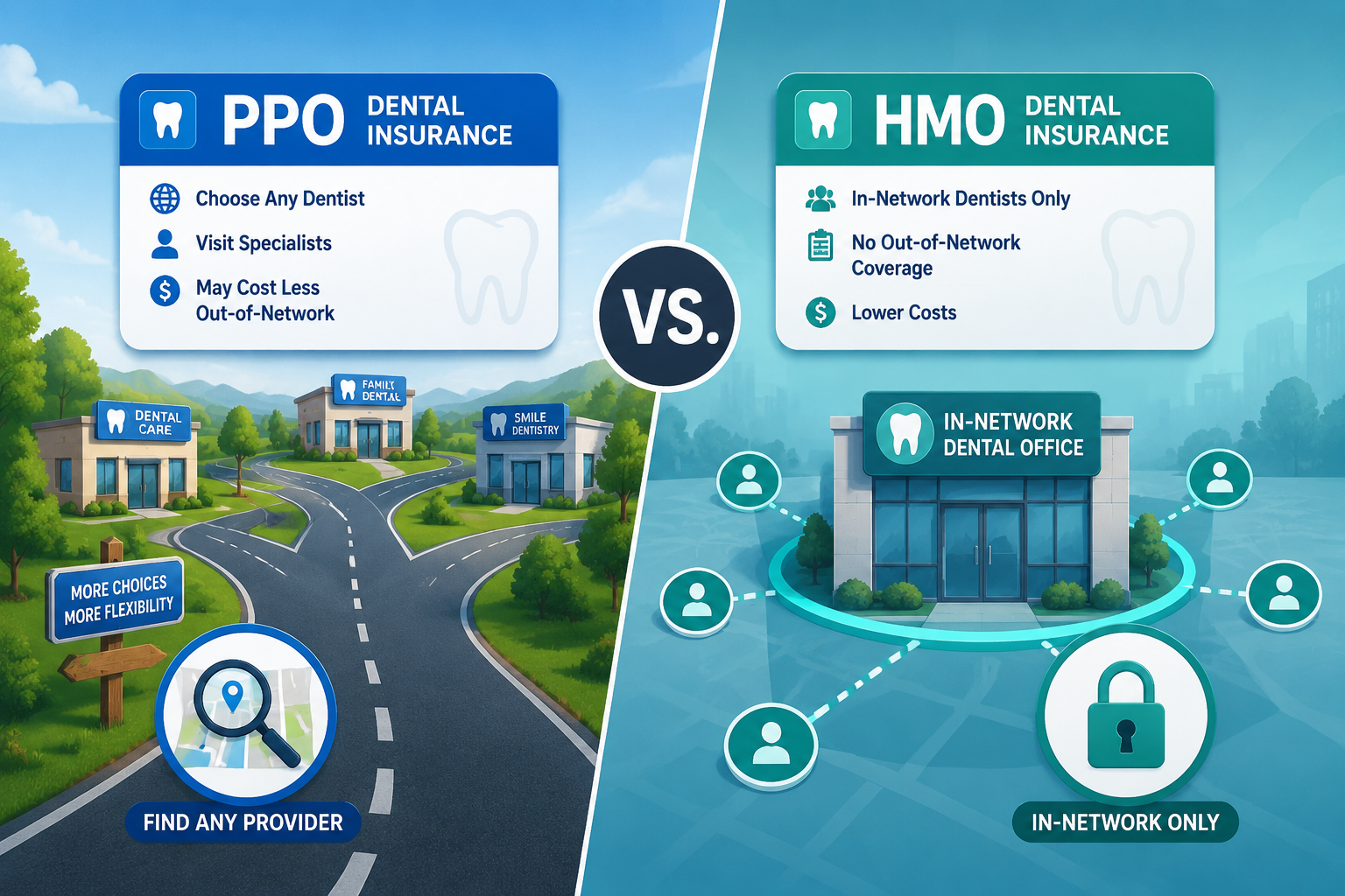 Detailed () image for the 'PPO vs. HMO Dental Insurance' section, showcasing a split-screen or 'vs.' graphic comparing PPO
