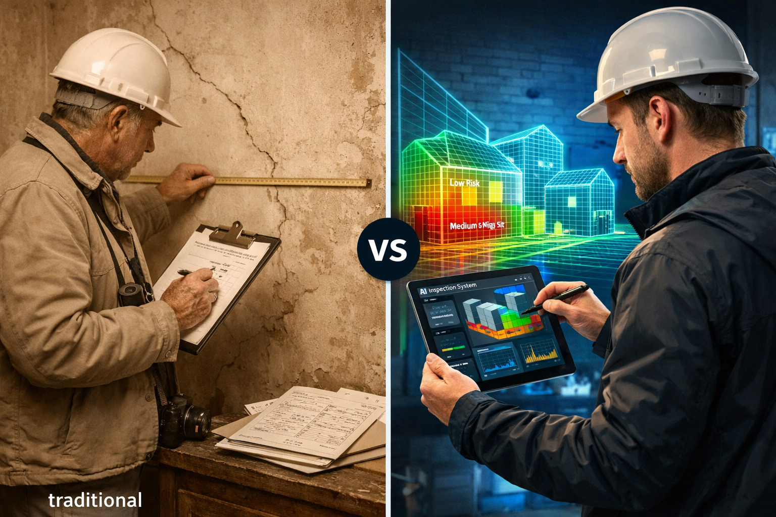 () split-screen comparison image showing traditional party wall survey process on left versus AI-enhanced workflow on right.