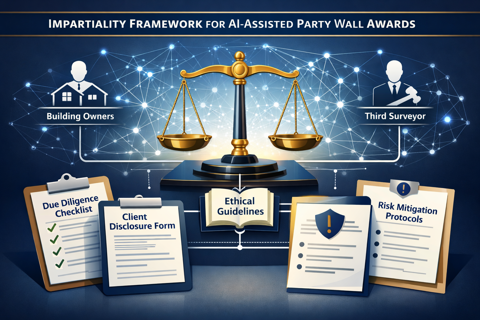 () conceptual illustration showing impartiality framework for AI-assisted party wall awards. Central image of balanced
