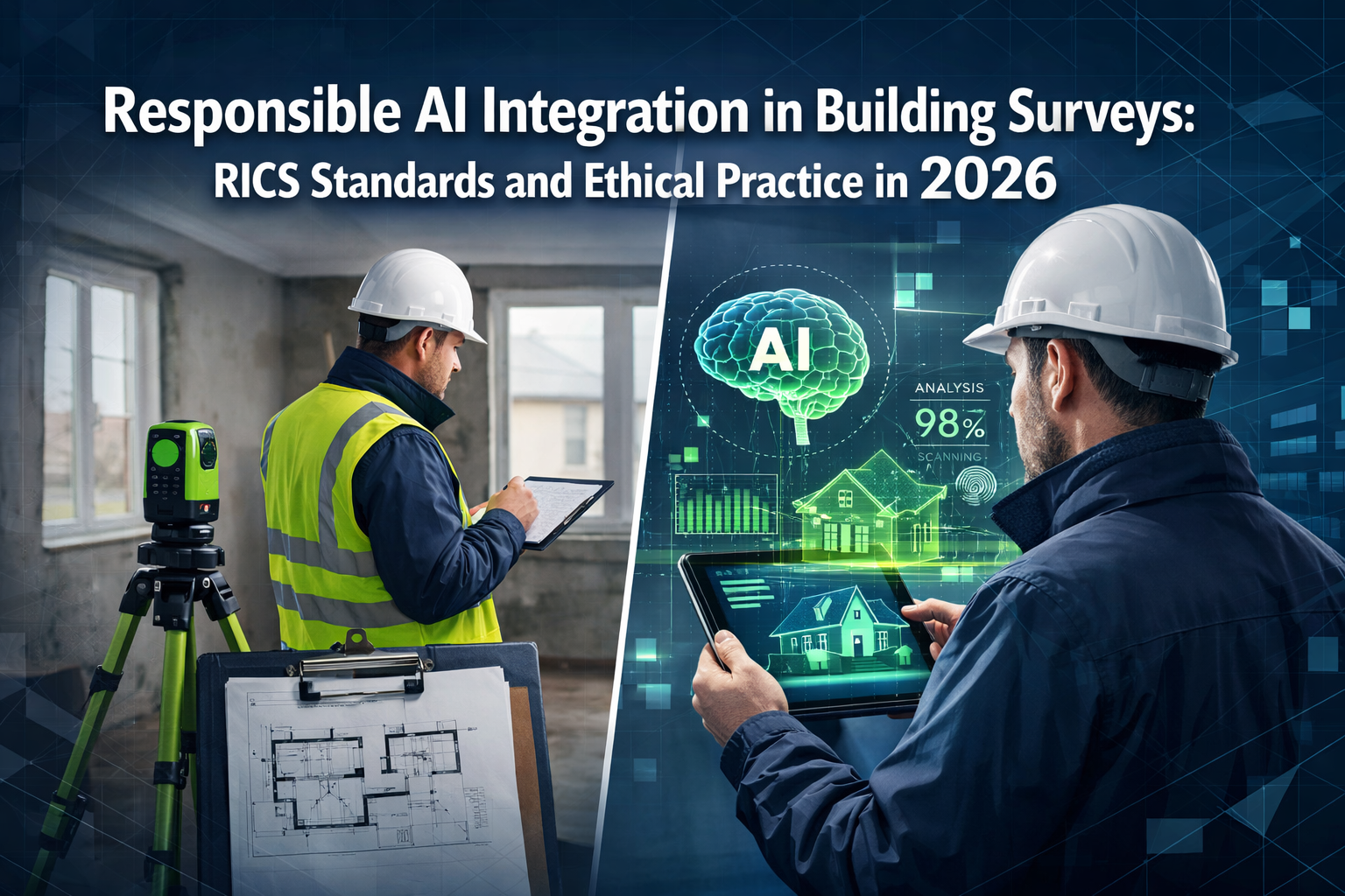 Professional () hero image featuring 'Responsible AI Integration in Building Surveys: RICS Standards and Ethical Practice in
