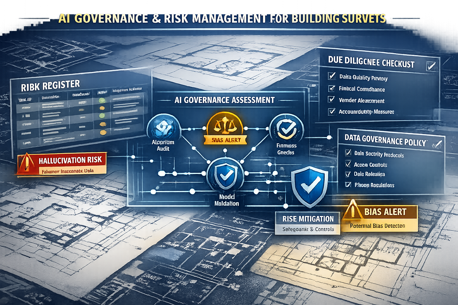 () conceptual illustration depicting AI governance and risk management framework for building surveys. Scene shows layered