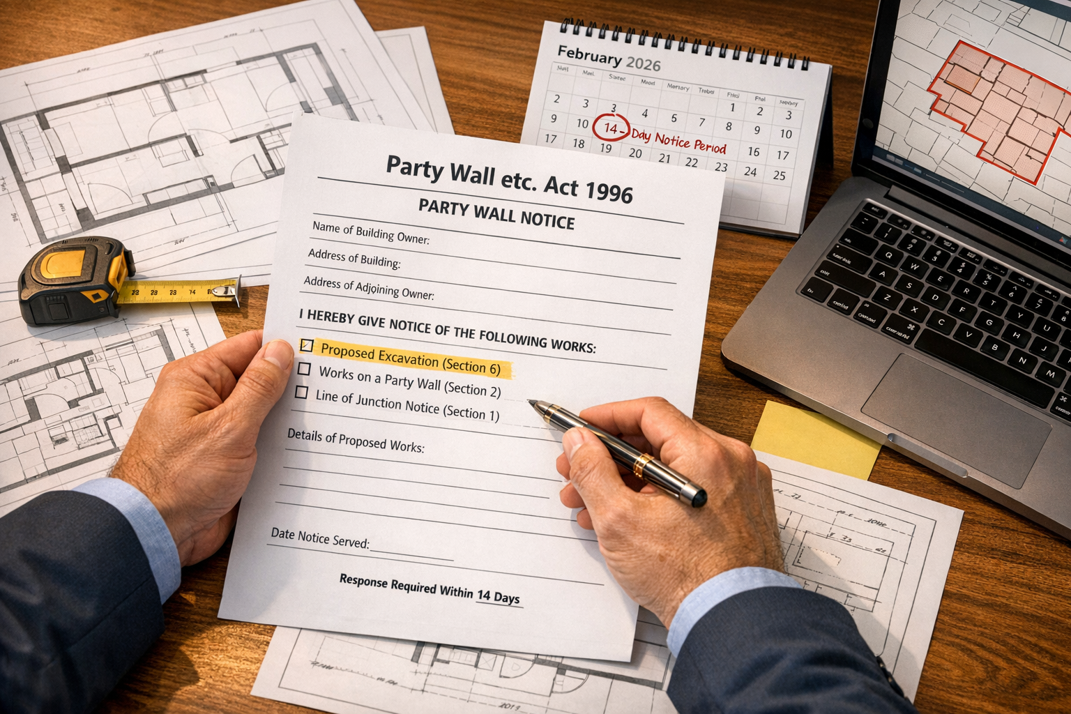 Detailed () image showing close-up of official Party Wall Notice document being reviewed by professional surveyor wearing