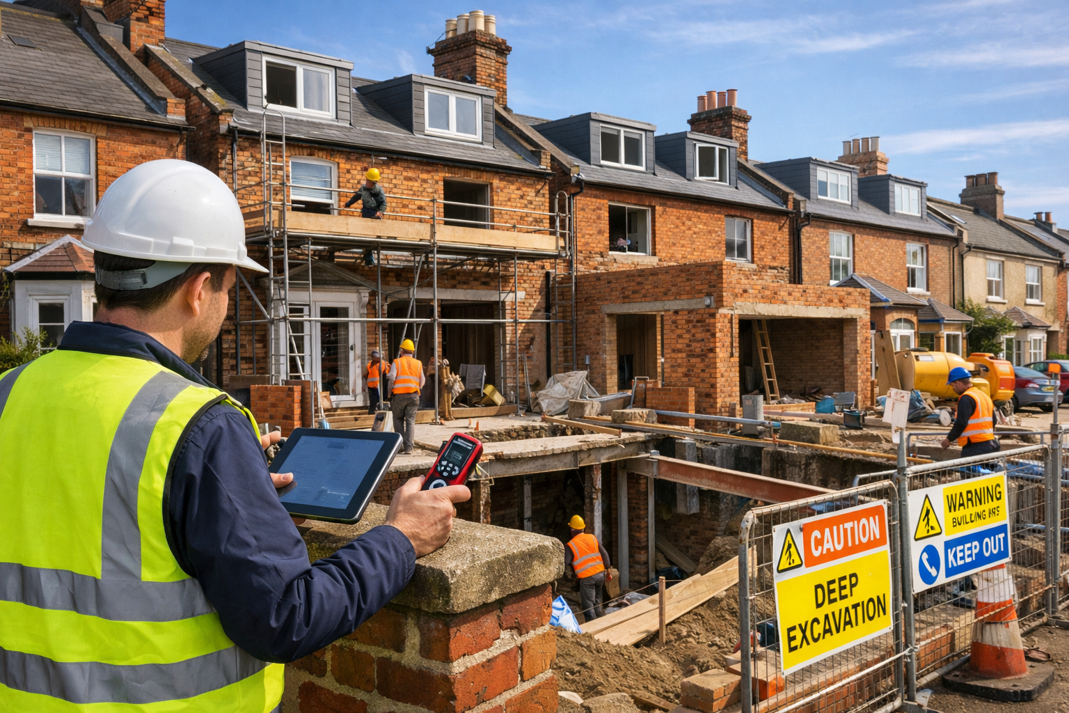 Detailed () image depicting UK residential street scene with multiple properties undergoing simultaneous construction work -