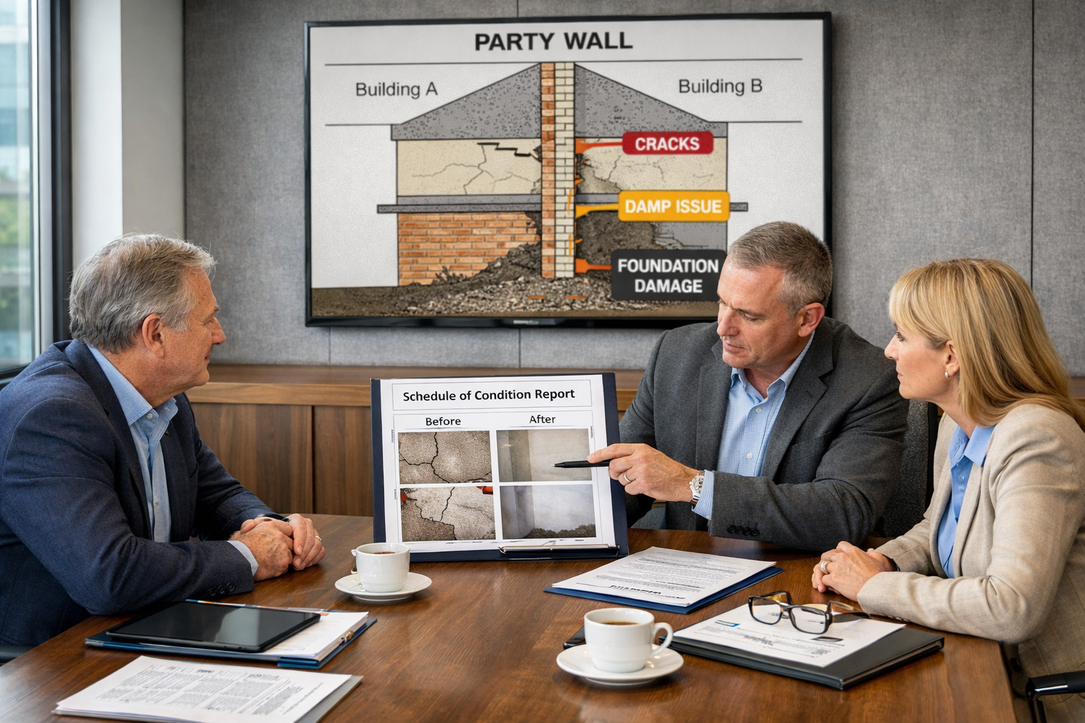 Detailed () image showing professional mediation meeting in modern conference room with three parties seated around table: