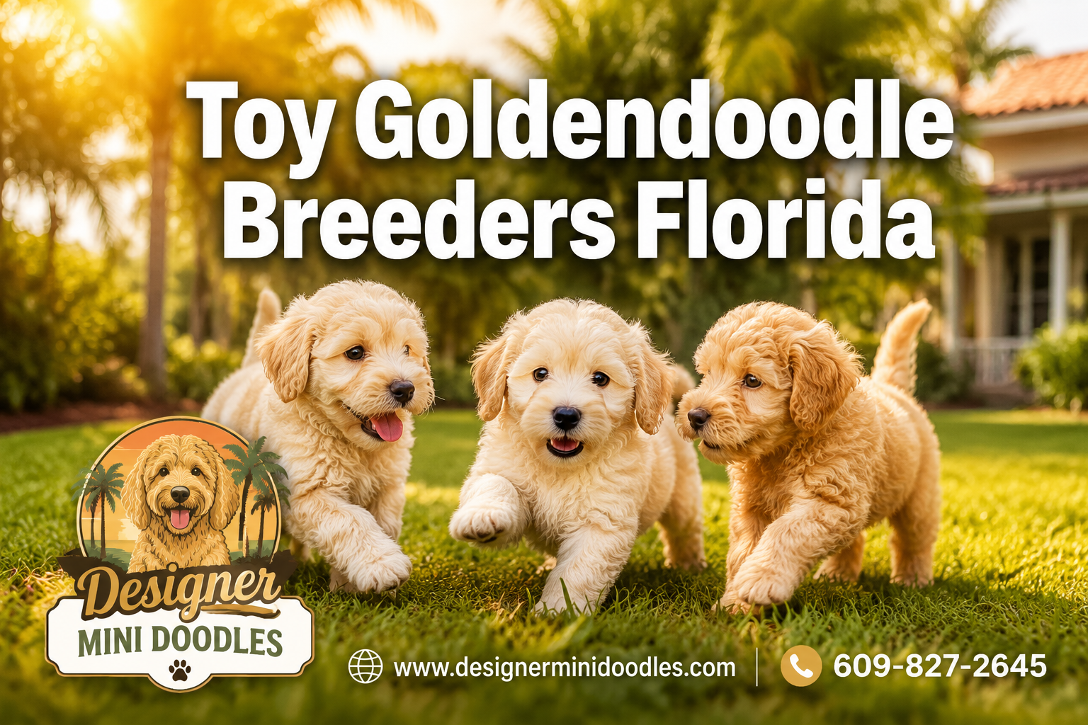 Professional () hero image with : 'Toy Goldendoodle Breeders Florida' in extra large white with dark effect, centered in