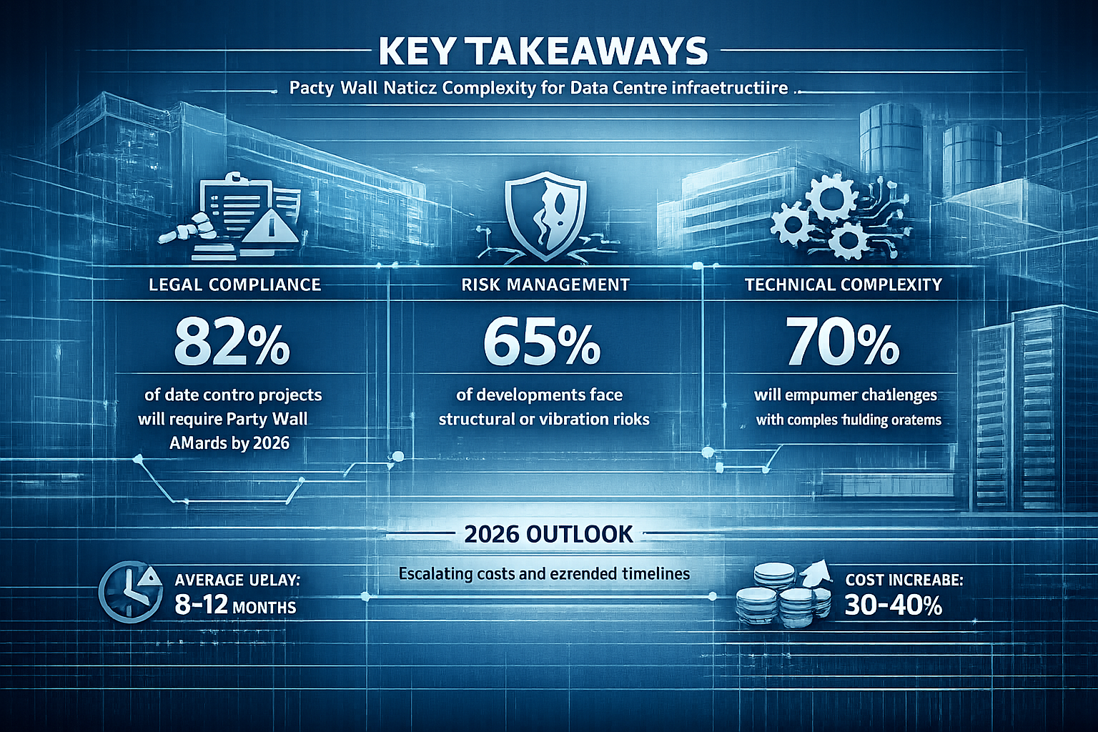 Key Takeaways infographic visualizing party wall notice complexity for data centre infrastructure, featuring abstract