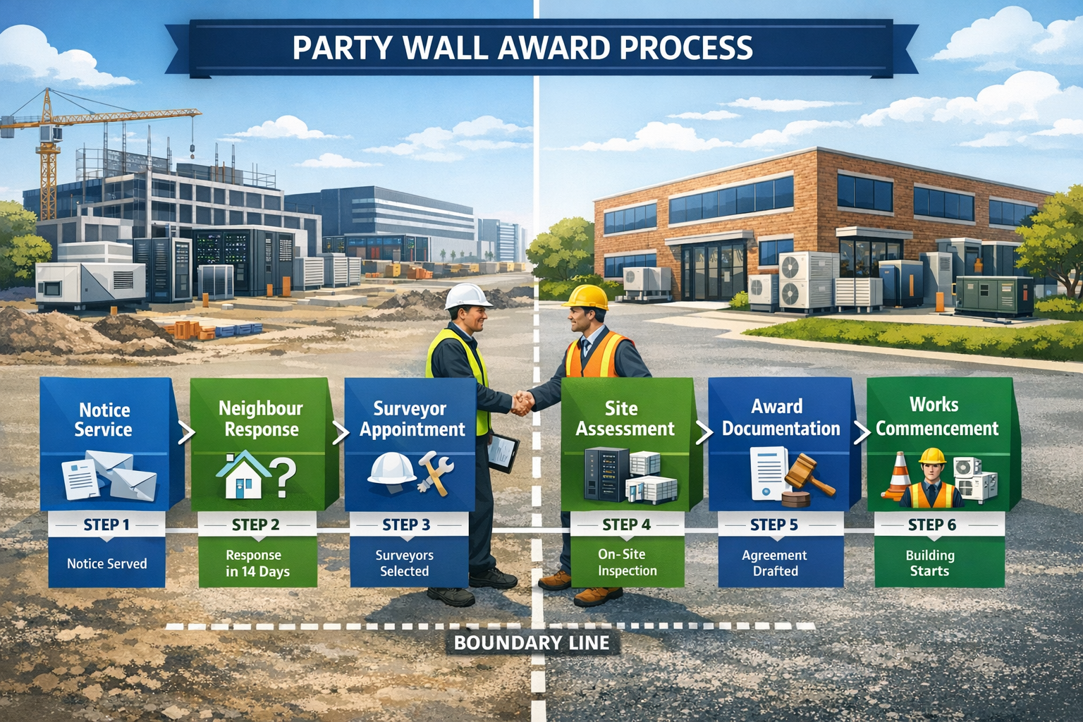 Detailed () infographic-style image showing Party Wall Award process flowchart with six connected stages displayed as modern